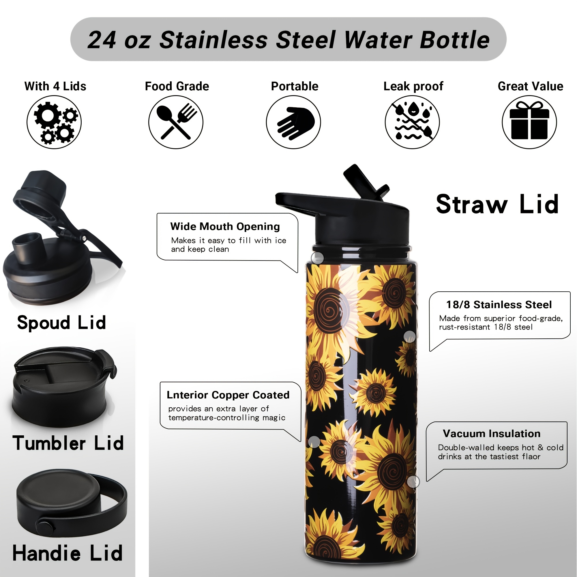 Sunflower Sports Water Bottle, 304 Stainless Steel Vacuum Water
