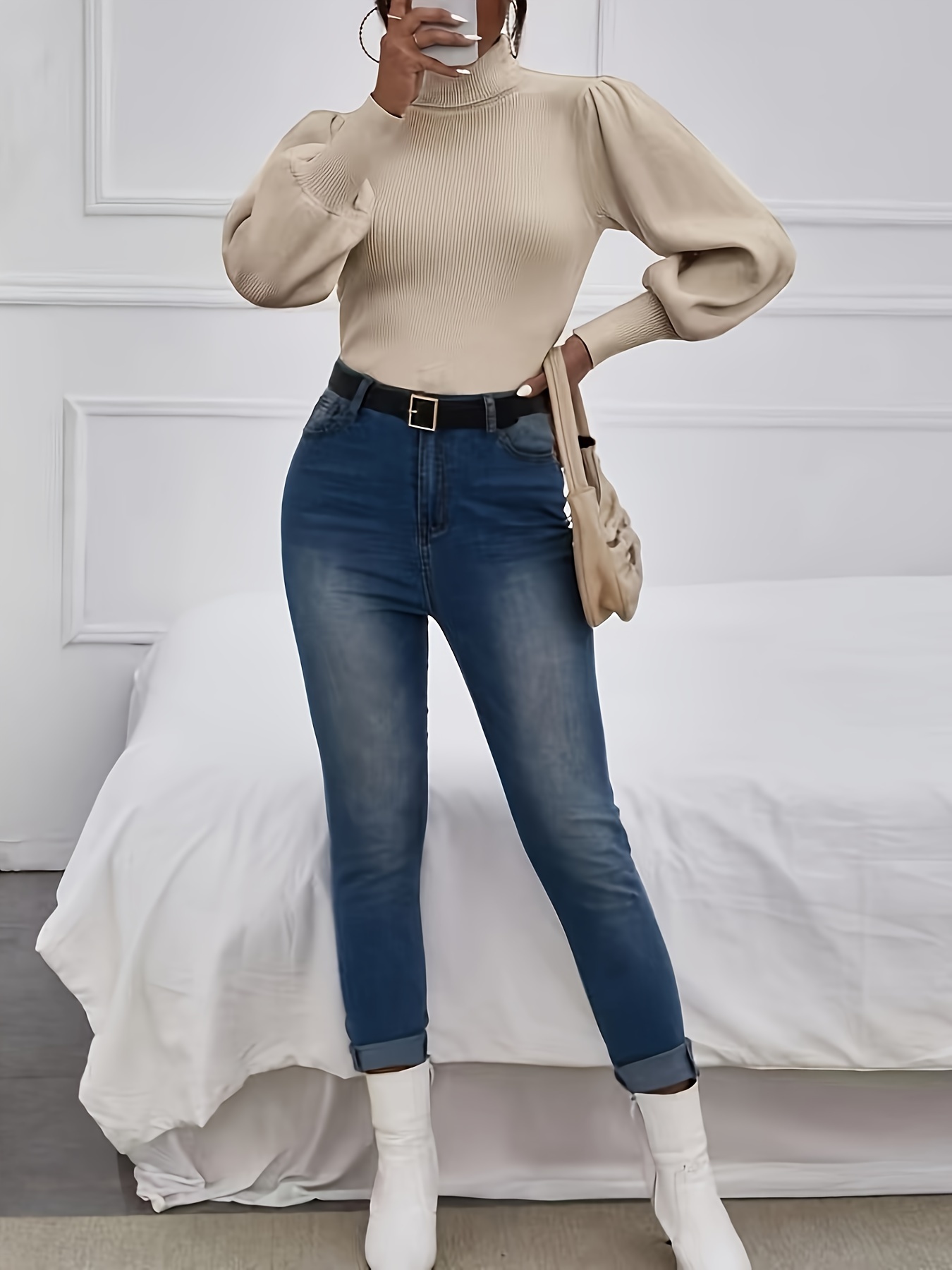 womens white oversized turtleneck sweater soft long sleeve Temu