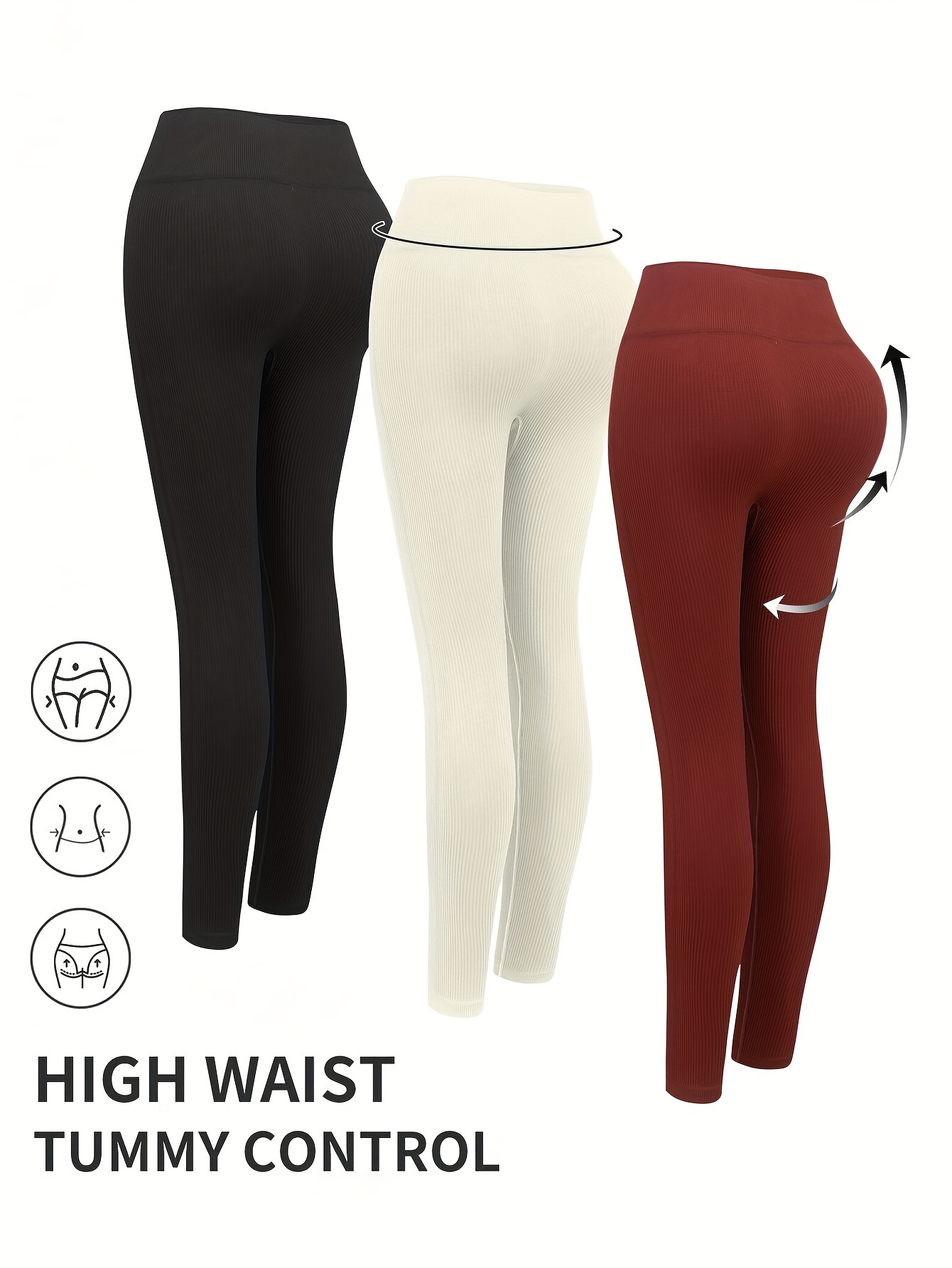 Womens Tummy Control High Waist Ribbed Skinny Solid Booty Lifting