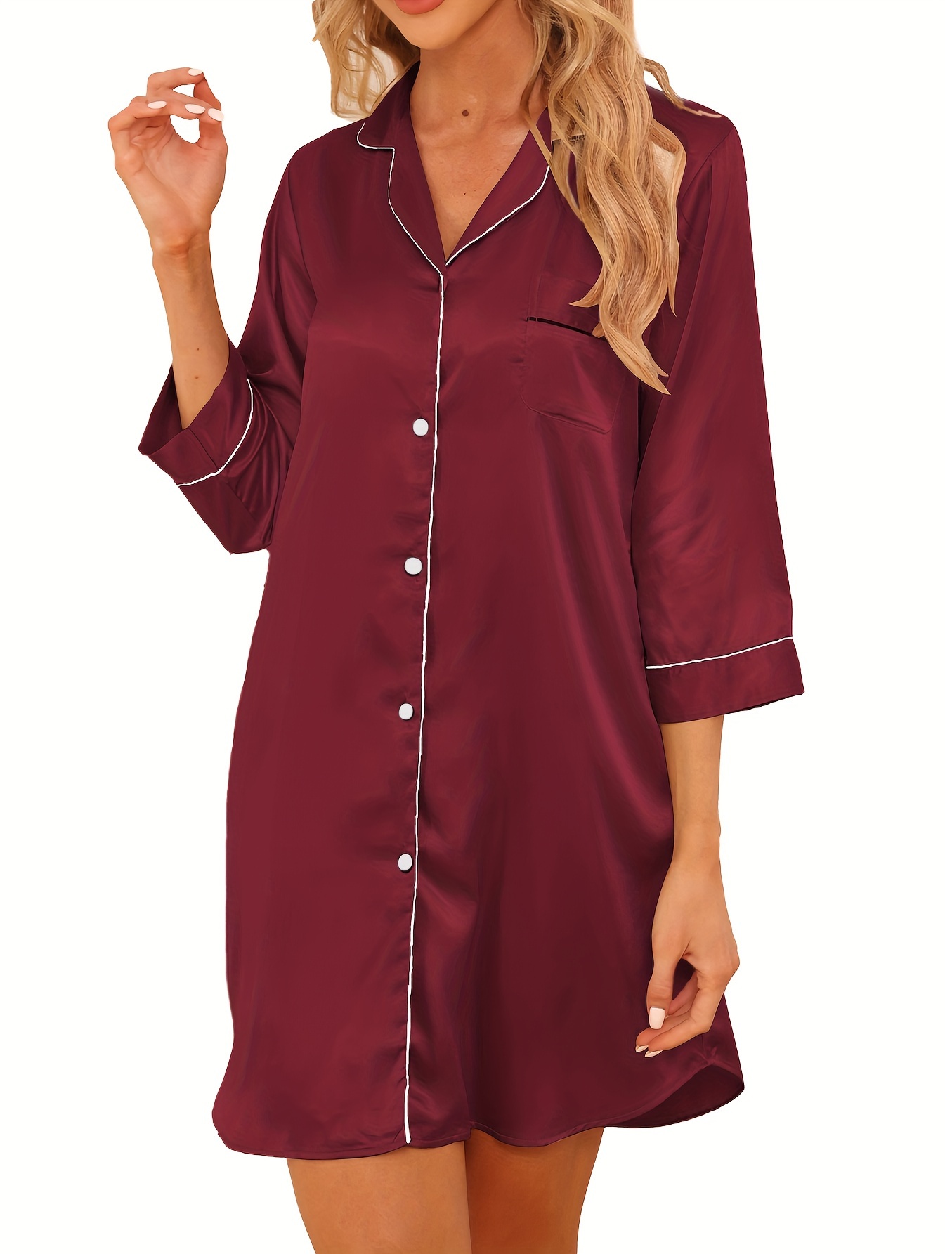 Button-down Sleep Shirt Women Nightgown Lapel Satin Nightdress
