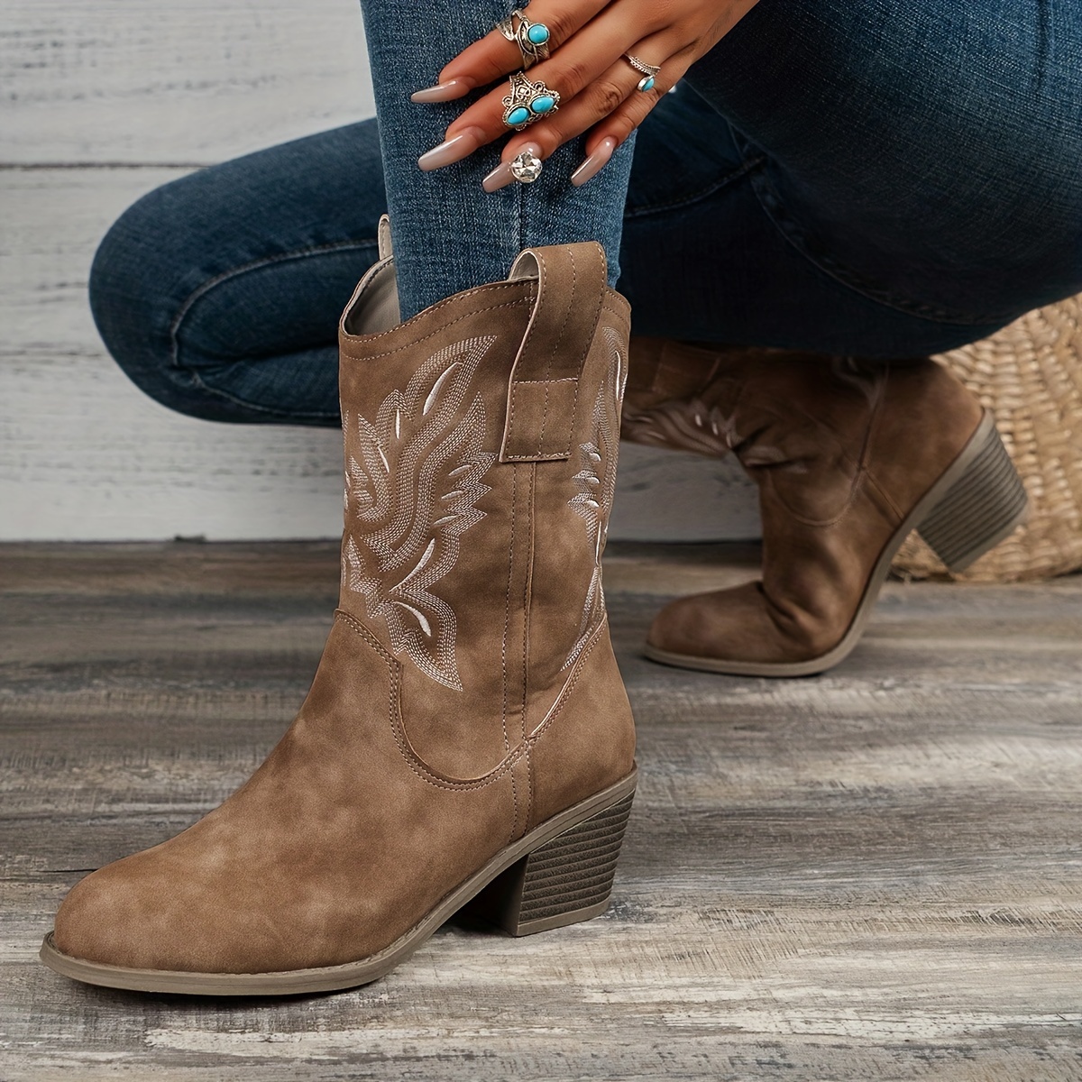 Women's Chunky Heel Cowboy Boots Fashion Slip Western Boots - Temu