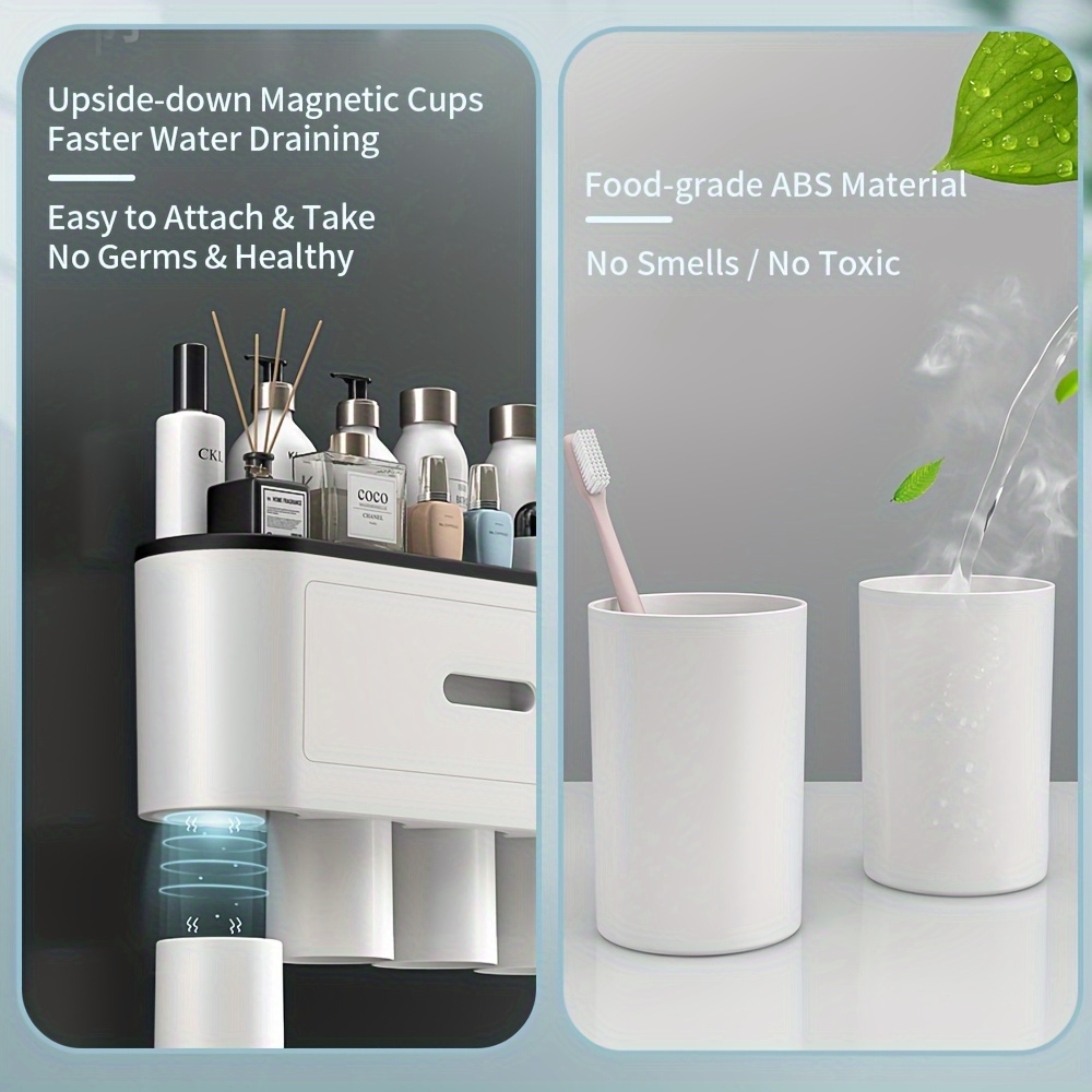 wall mounted toothbrush holder with automatic dispenser 6 slots magnetic cups cosmetic drawer storage tray sleek black bathroom organizer details 4