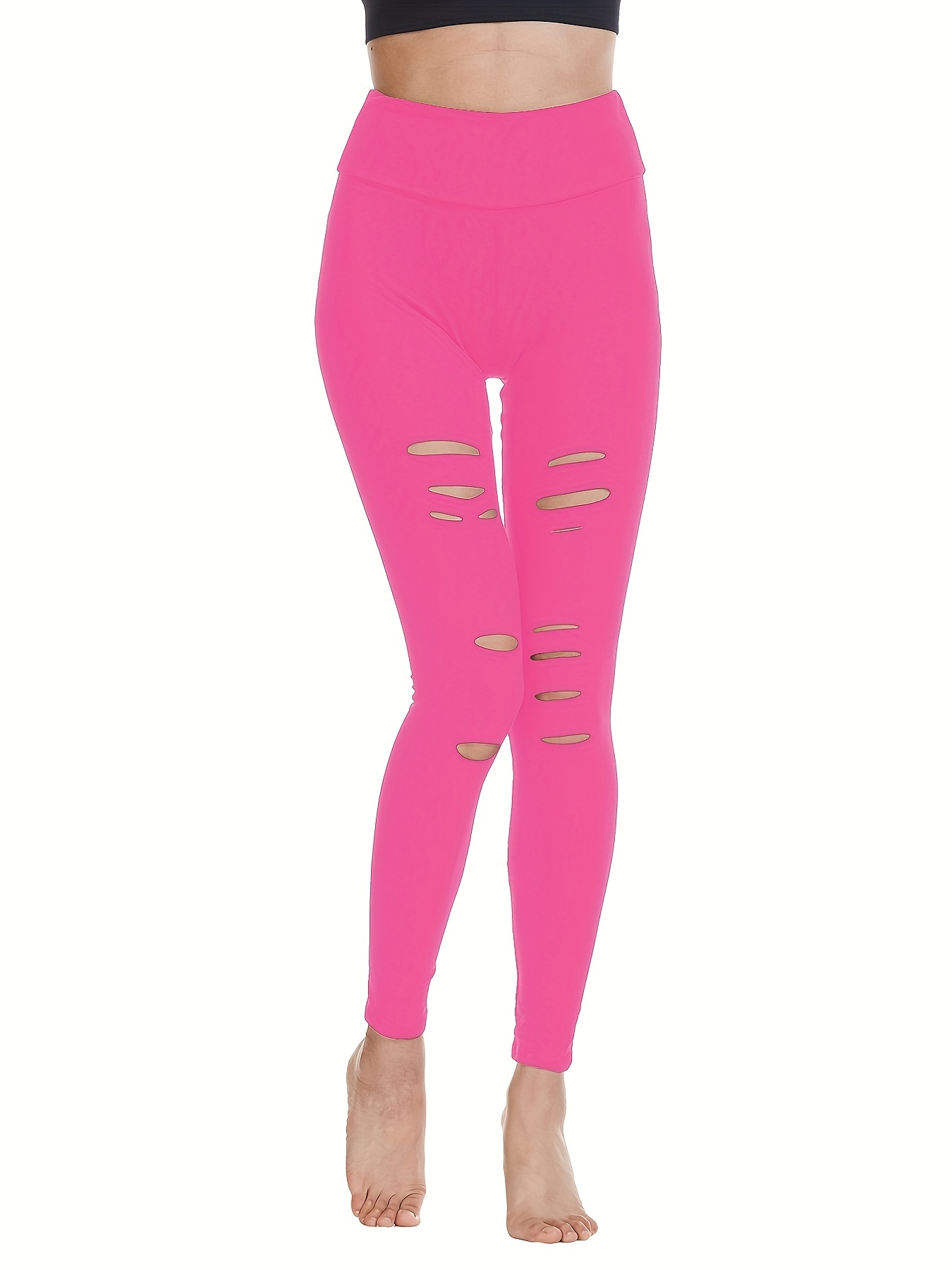  Womens High Waist Yoga Pants Cutout Ripped Super Soft And  Comfortable Skinny Leggings Pink M