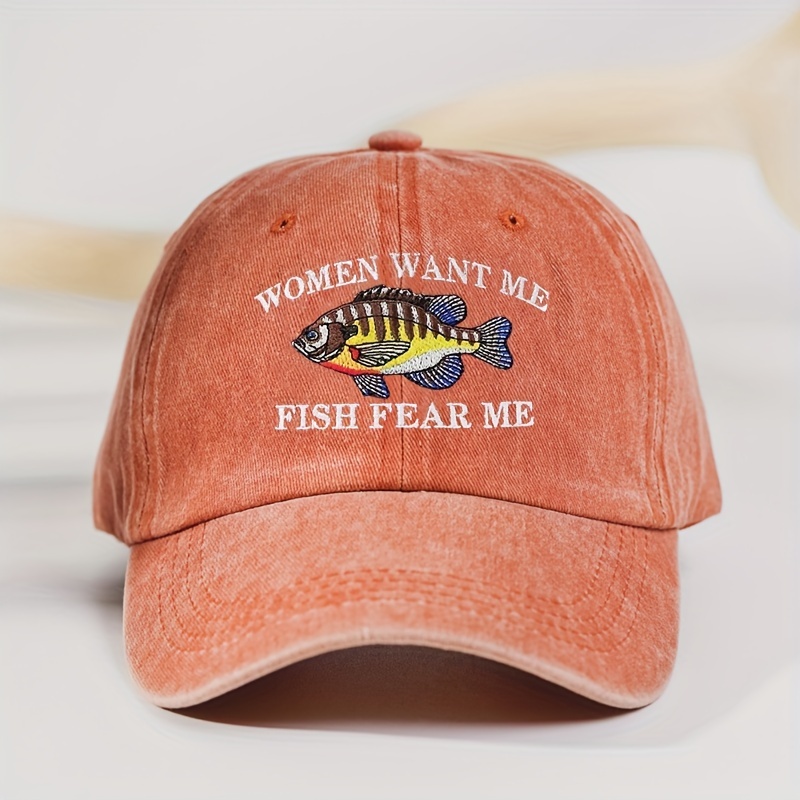 Fish Slogan Embroidery Baseball Women Want Me Fish Fear Me Hat Solid Color Washed Distressed Dad Hats For Women Men