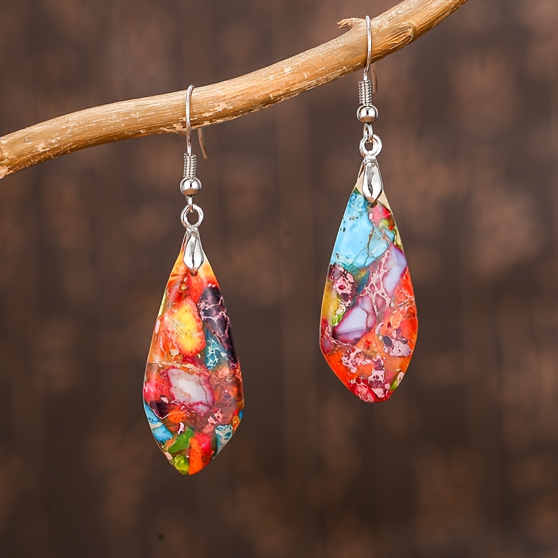 

Colorful Imperial Stone Design Dangle Earrings Bohemian Vacation Style Trendy Female Earrings Daily Casual