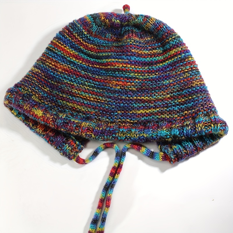 Vintage Rainbow Striped Beanies Classic Mixed Color Ear Flap Hat Elastic Skull Knit Hats For Women