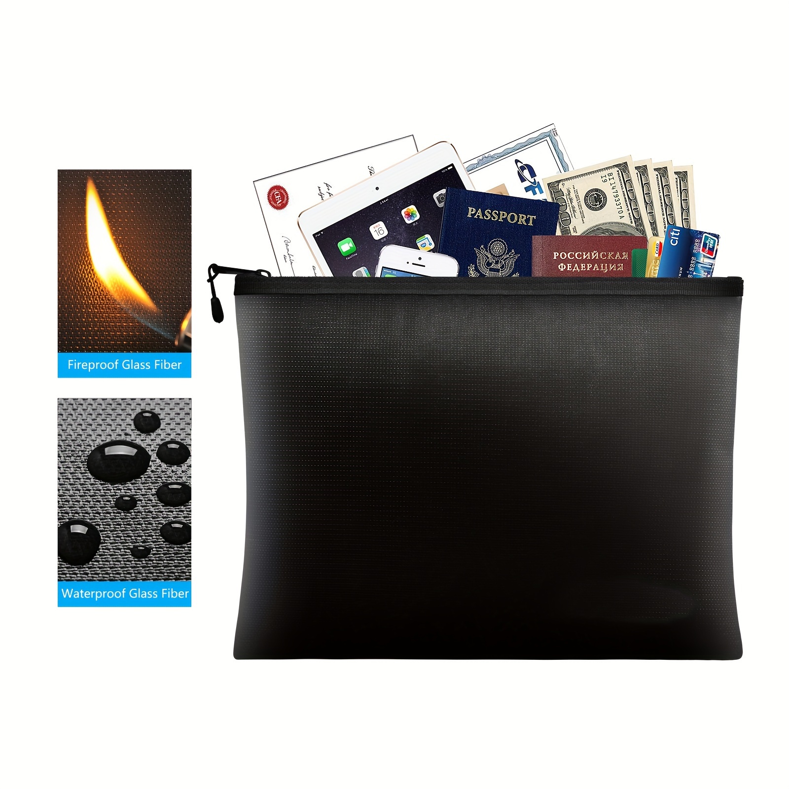 Bolsa ignífuga e impermeable para dinero y documentos importantes,  resistente al fuego para objetos de valor, pasaportes, laptop, tamaño  grande con