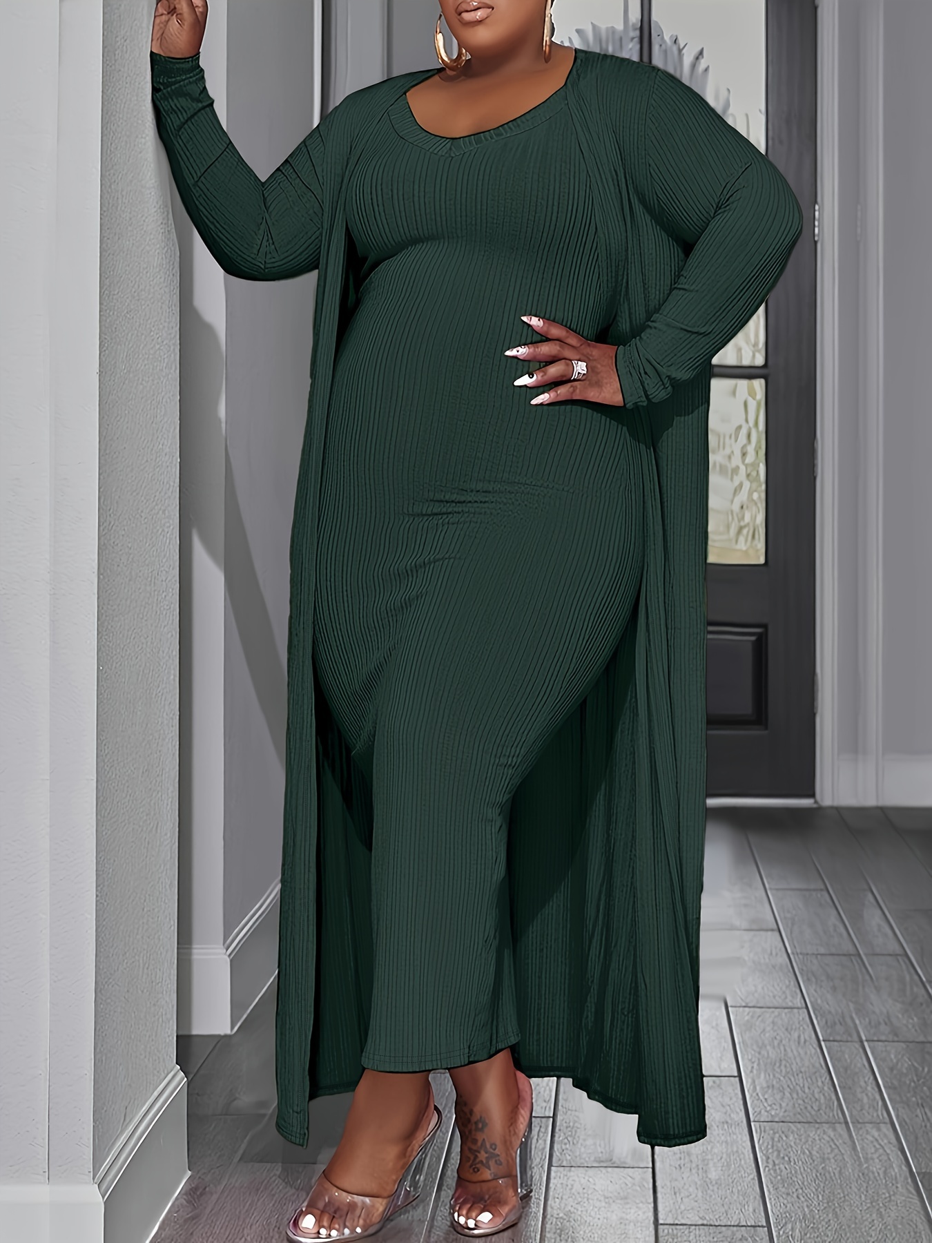 Plus Size Solid Ribbed Two-piece Dress Set, Slim Crew Neck Dress & Long  Sleeve Cardigan Outfits, Women's Plus Size Clothing