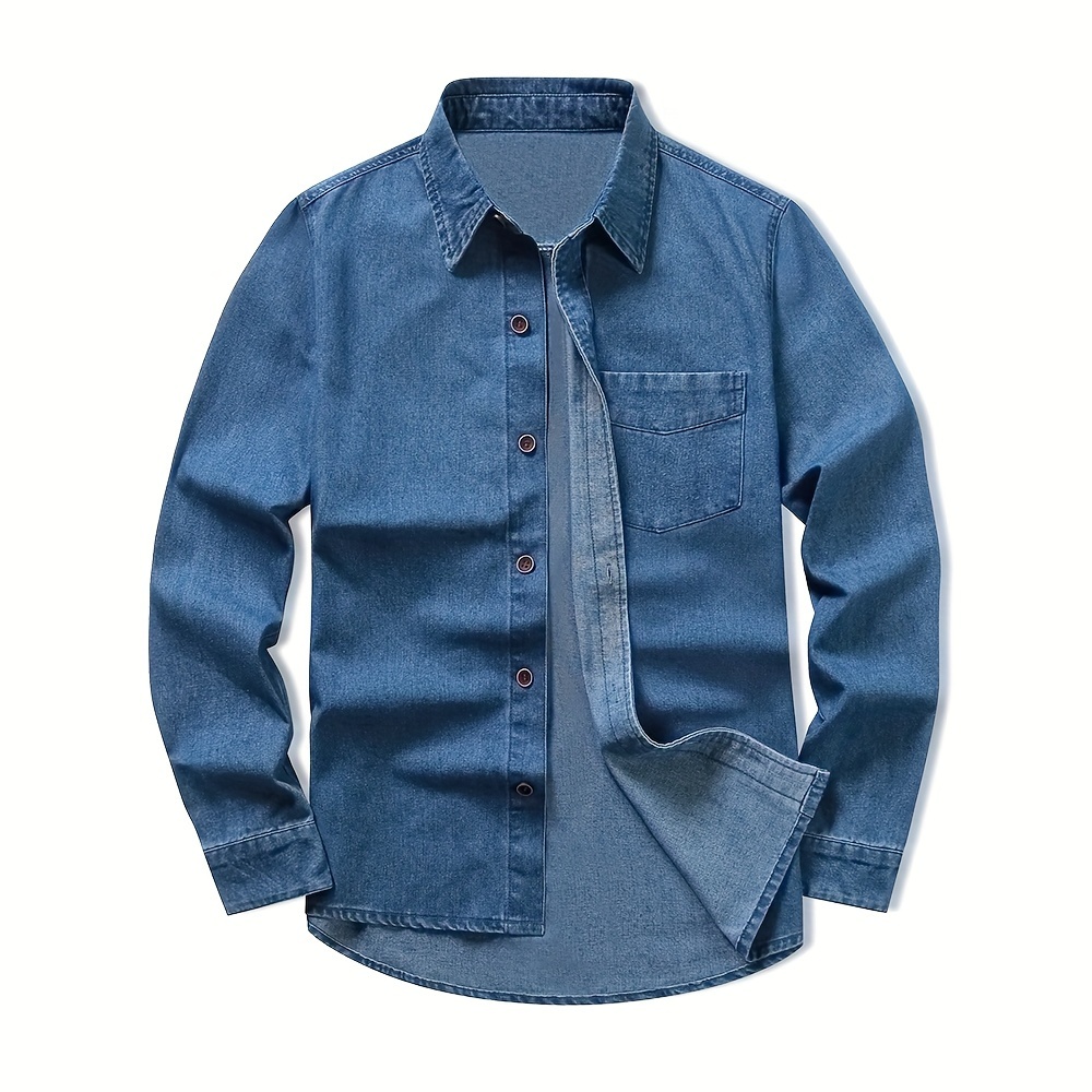 Men's Vintage Jeans-like Shirt - Button-Up Lapel Collar, Chest Pocket - Non-Stretch Denim Fabric - Relaxed Fit Long Sleeve Shirt Jacket for Casual Everyday & Formal Outfits - Spring/Fall Essential Wardrobe Staple - Easy-Care Hand Washable, Fall Clothing, Retro Style, Timeless Design, Weekend Wear