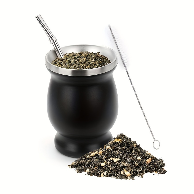 8 Oz Yerba Mate Cup, Tea Cup Set Include Stainless Steel Modern Mate Cup, 2  Bombilla Mate Straws, Cleaning Brush and BPA Free Lid, Double-Walled and