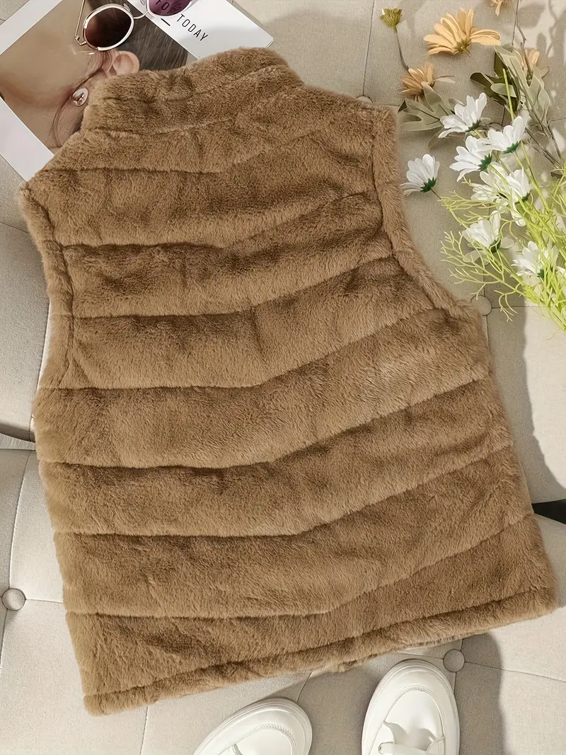 Solid Zipper Front Teddy Vest Versatile Sleeveless Faux Fur - Temu