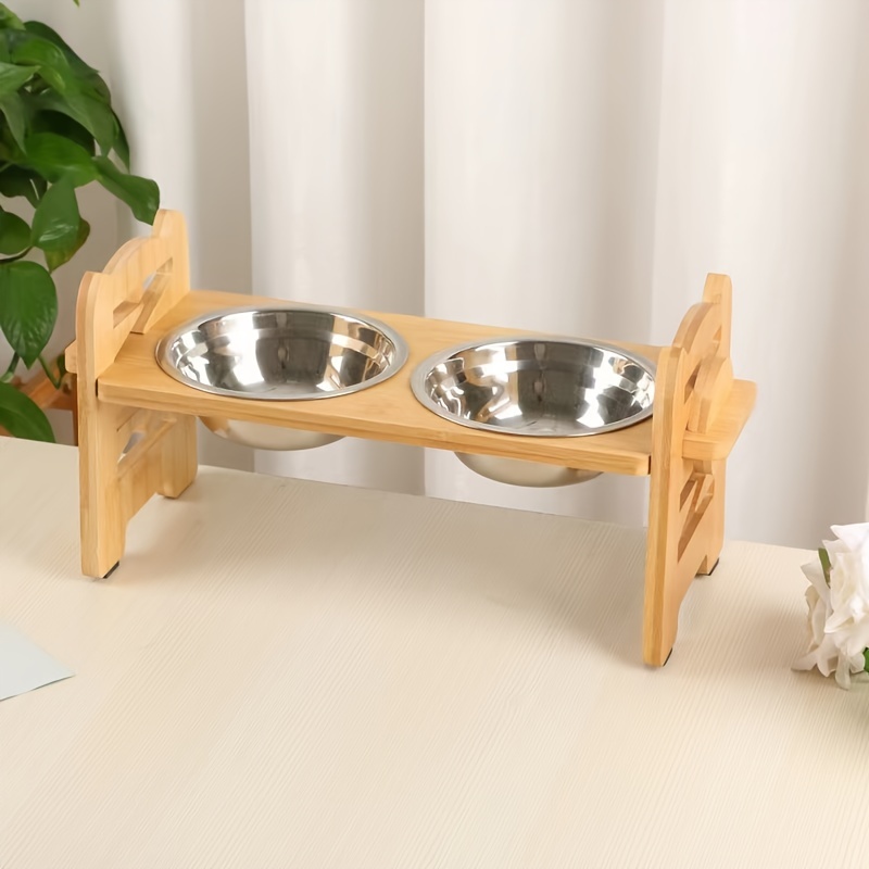 Elevated Wooden Dog Bowl Stand With 2 Stainless Steel Dog Bowls, 4 Heights Adjustable  Dog Feeder Stand With Food And Water Bowls For Neck Protection - Temu