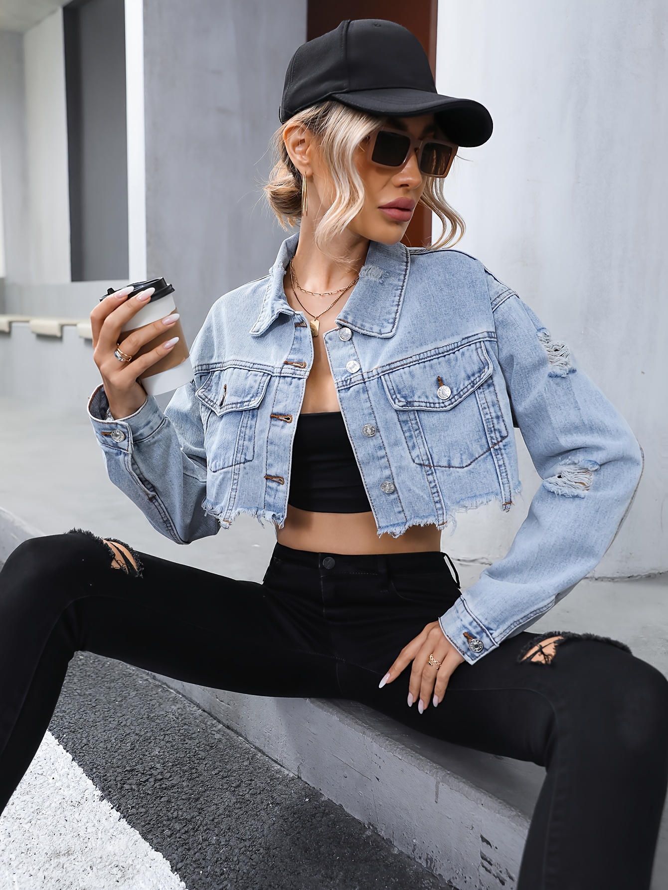 Blue Long Sleeves Denim Jackets Ripped Holes Non stretch - Temu