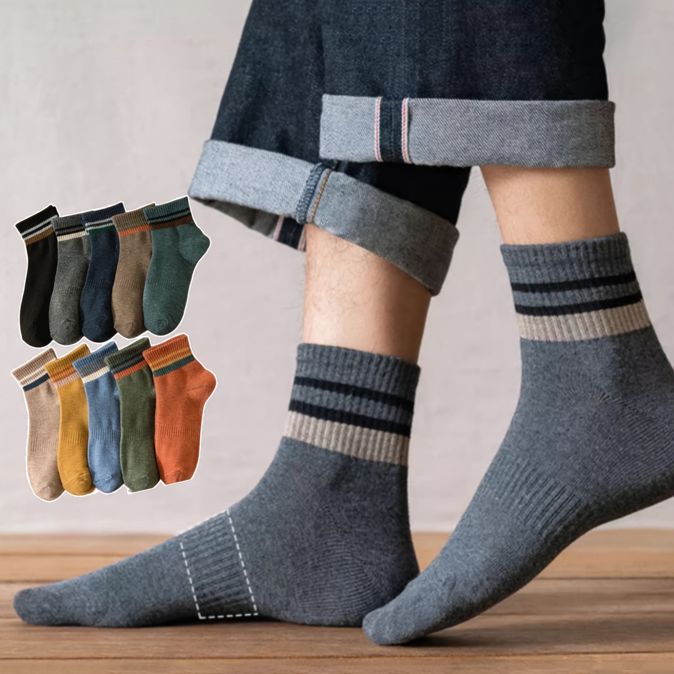 Men's Casual Plain Color Striped Socks Cotton Socks Anti - Temu