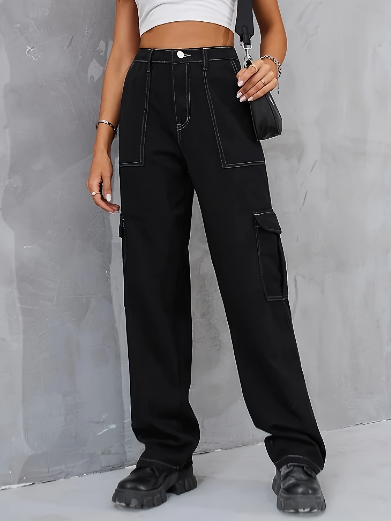 Side Flap Pocket Plain Cargo Jeans Streetwear Loose Fit Y2k - Temu