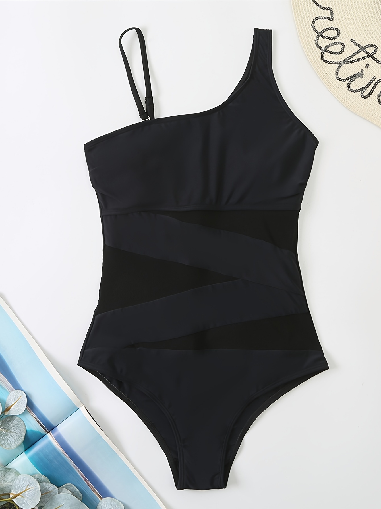 Contrast Mesh Asymmetrical Shoulder Straps Swimsuit High Cut - Temu