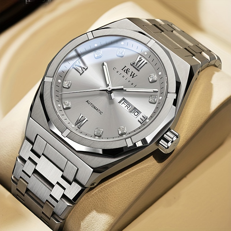 

Carnival Automatic Mechanical Sapphire Men's Watches, Luminous Dual Calendar Rhinestone Scales Full Steel Watch