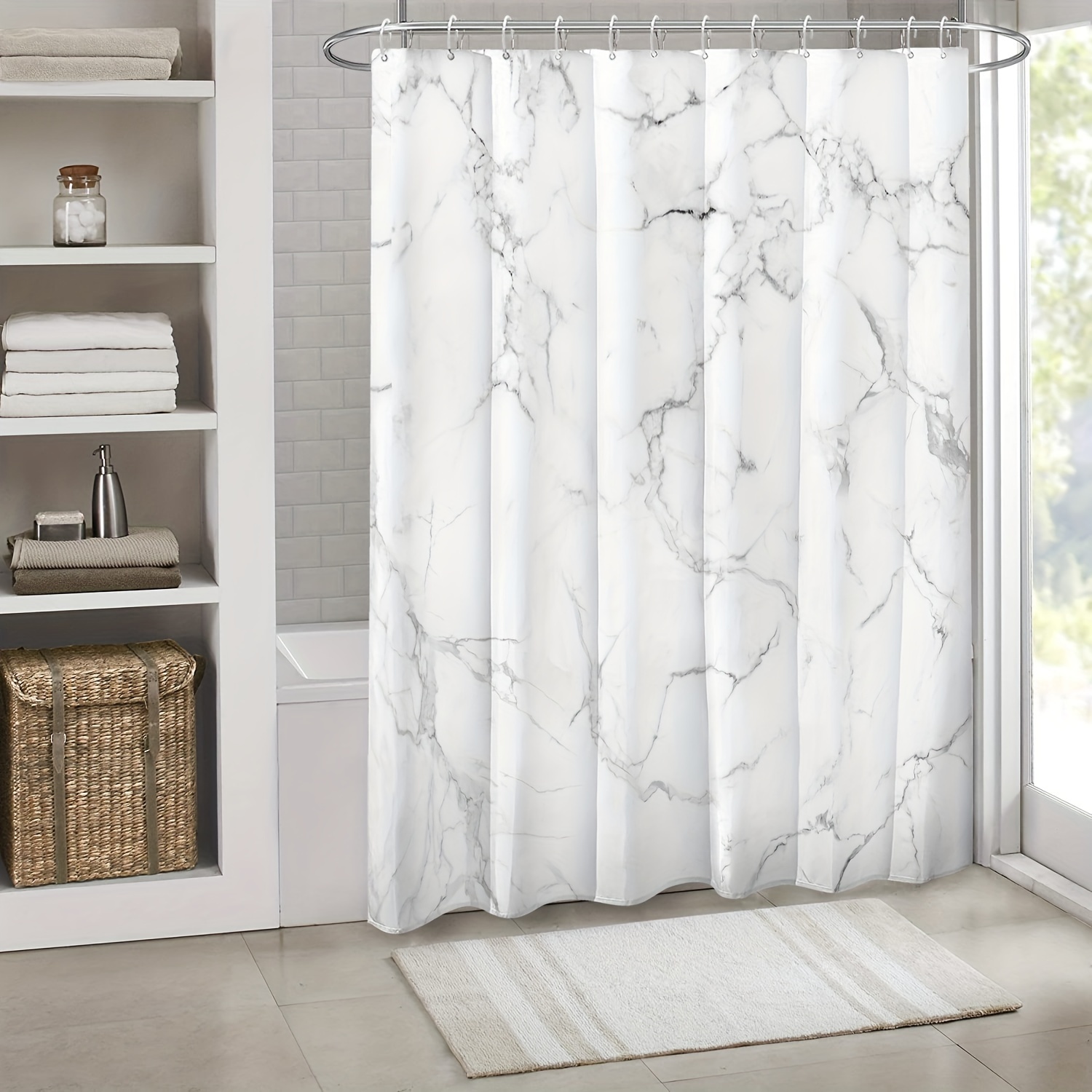 

1pc, Marble Pattern Shower Curtain, Light Grey Striped White, Waterproof Bathroom Decor With Plastic Hooks, Machine Washable, Suitable For Home & Hotel Bathrooms