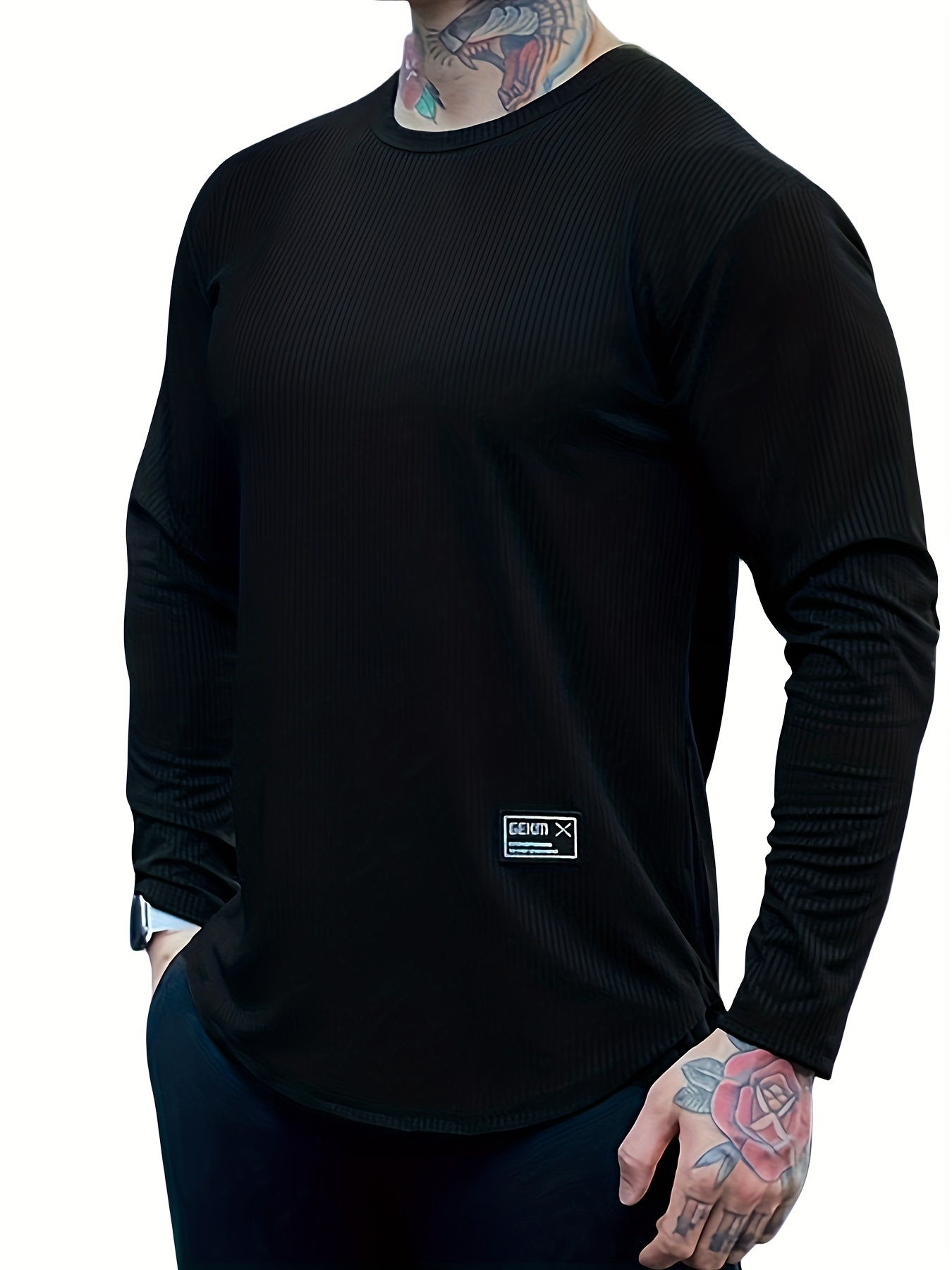Men's Solid Ribbed Crew Neck Long Sleeve Active T shirt Tee - Temu