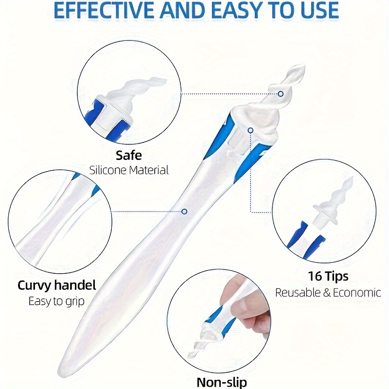 Soft Silicone Ear Wax Remover Tool with 16 Replacement Heads - Easy to Use