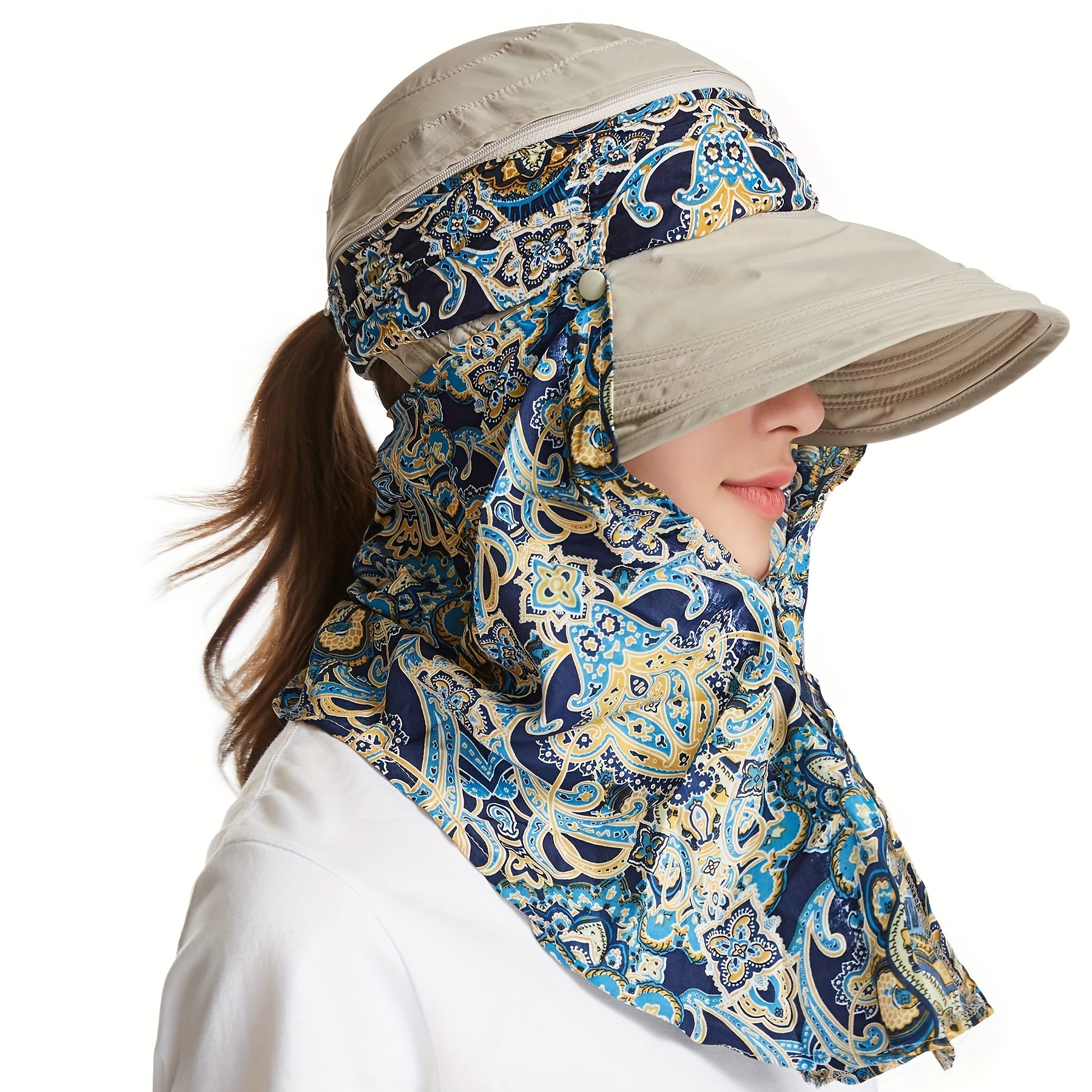 Women Brim Sun Hat Sunscreen Hat Cap Long Scarf Shawl Full Cover Headscarf  Wrap