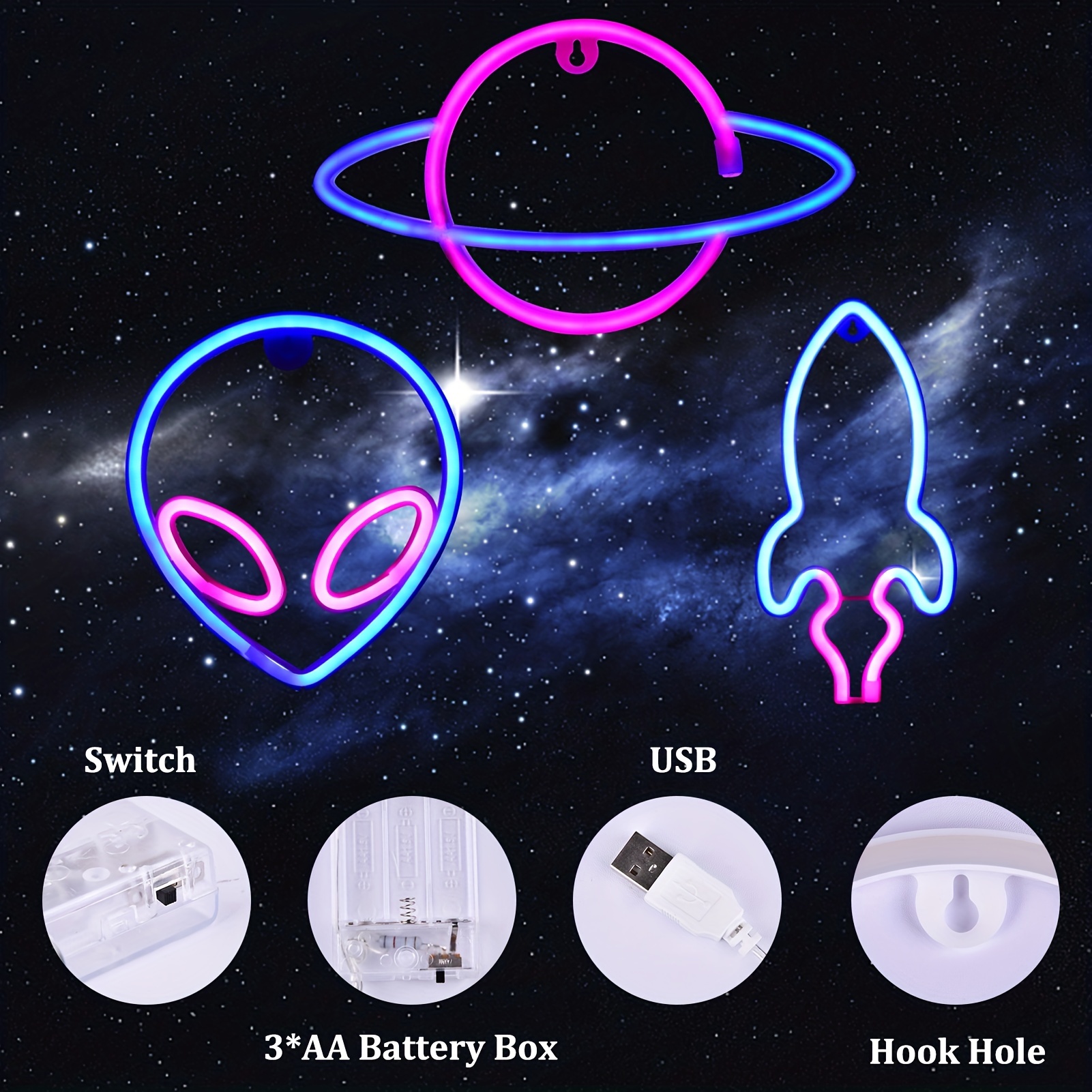 3Pcs Neon Signs, Alien Planet Rocket Led Neon Light Wall Decoration -U -  DANNY'S HOME GOODS
