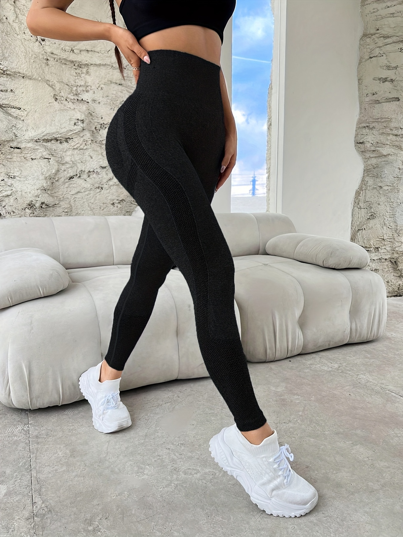 YWDJ Leggings for Women High Waist Plus Size European And American Seamless  Water Wash Knit Hygroscopic Sexy Hip Lifting Hip Sweating Yoga Pants Sports  Fitness Pants TightsBlackM 