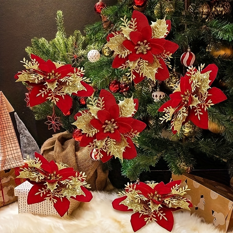 56-Piece Glitter Poinsettias Artificial Christmas Flowers with