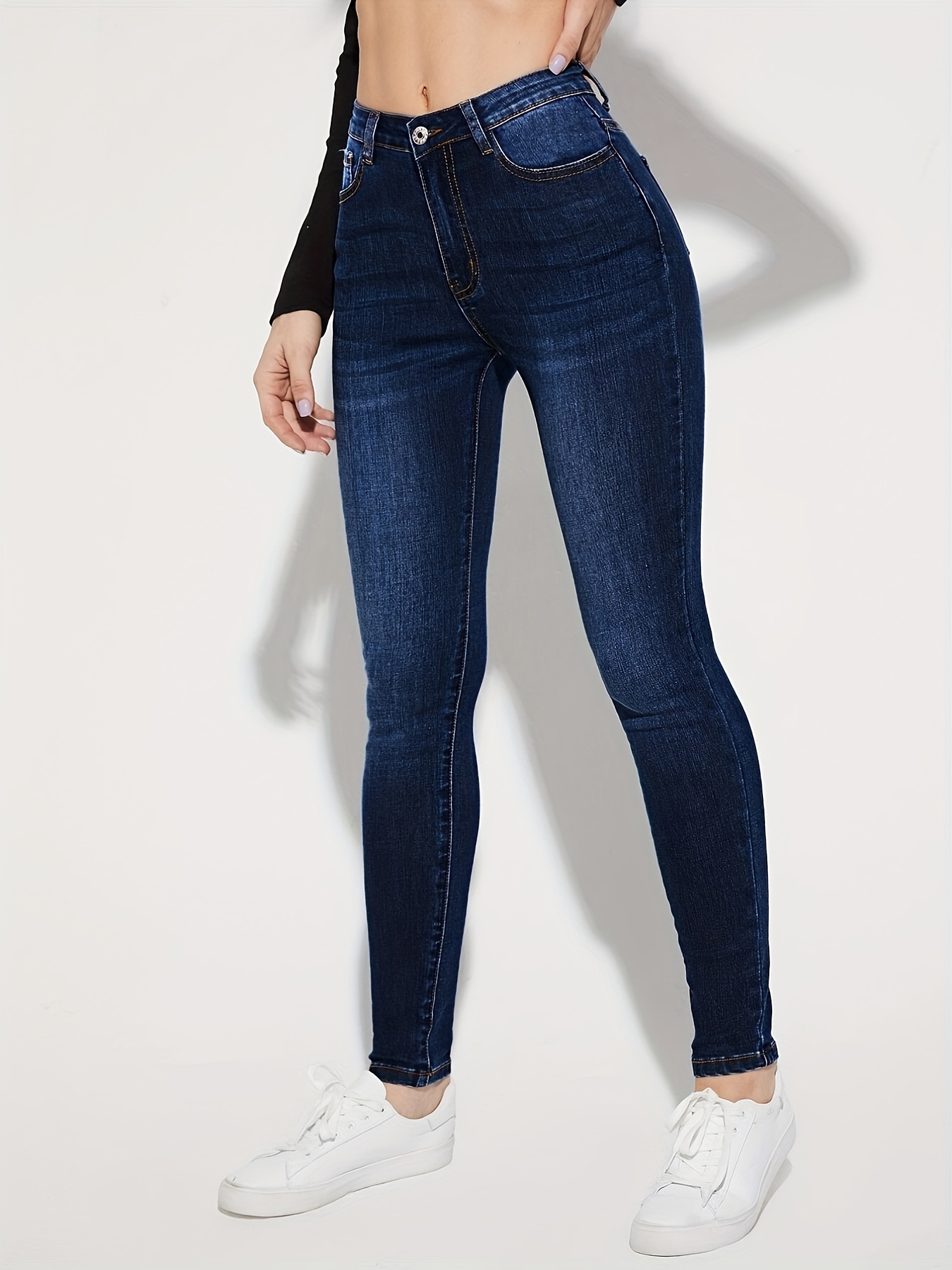 Dark Blue Versatile Skinny Jeans Slim Fit High Stretch Slant