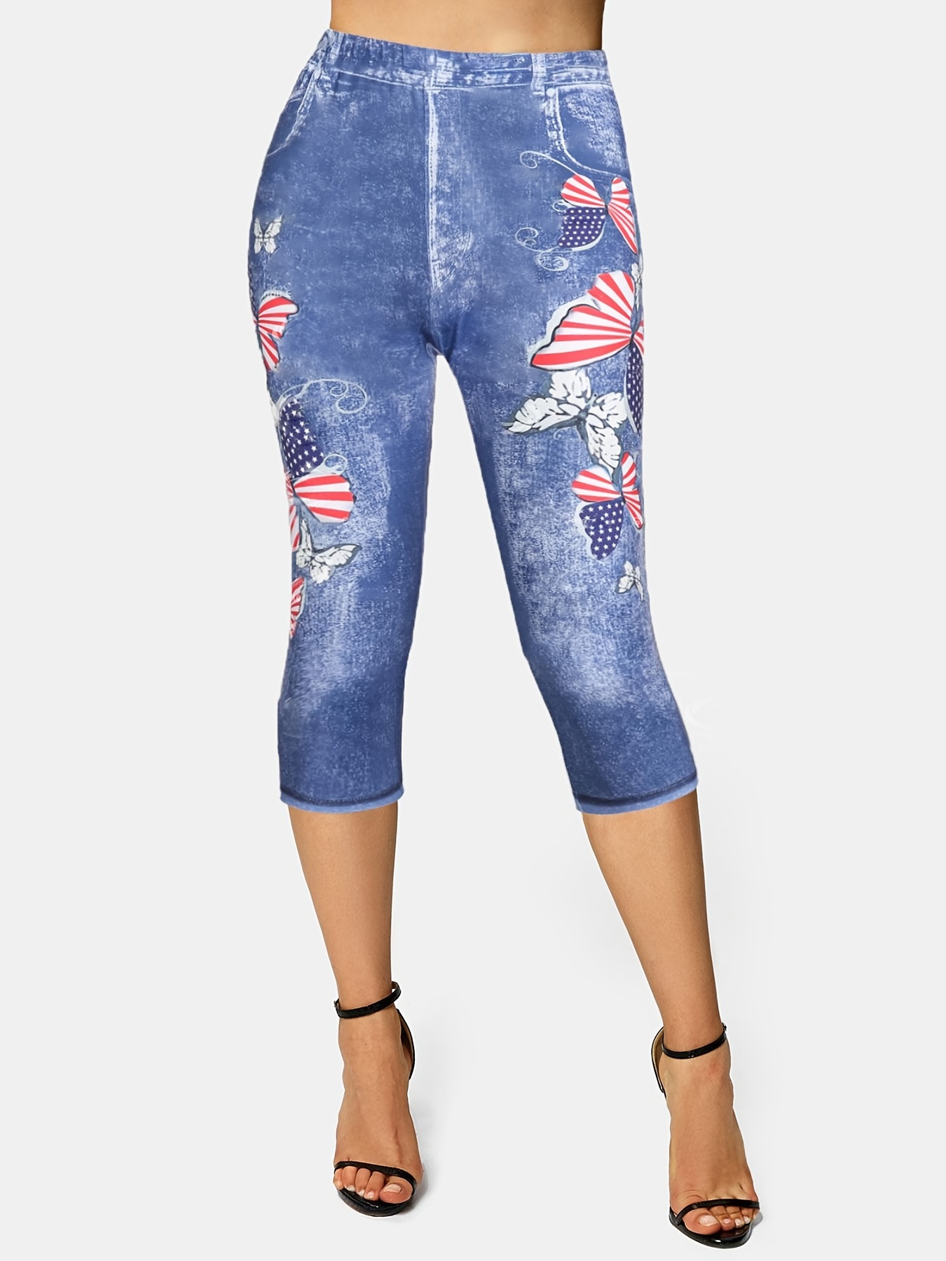 Plus Size Casual Leggings Women's Plus Butterfly Denim Print