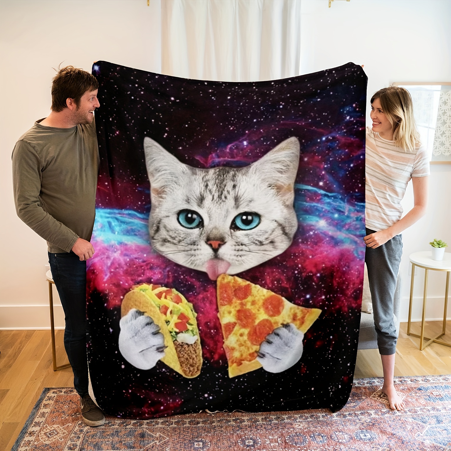 1pc, Cat Blanket,Funny Universe Starry Cat Eat Pizza Blanket,Cute Cat Throw  Blanket For Girls, Women, Men And Kids,Super Soft Cat Blankets For Cat Lov