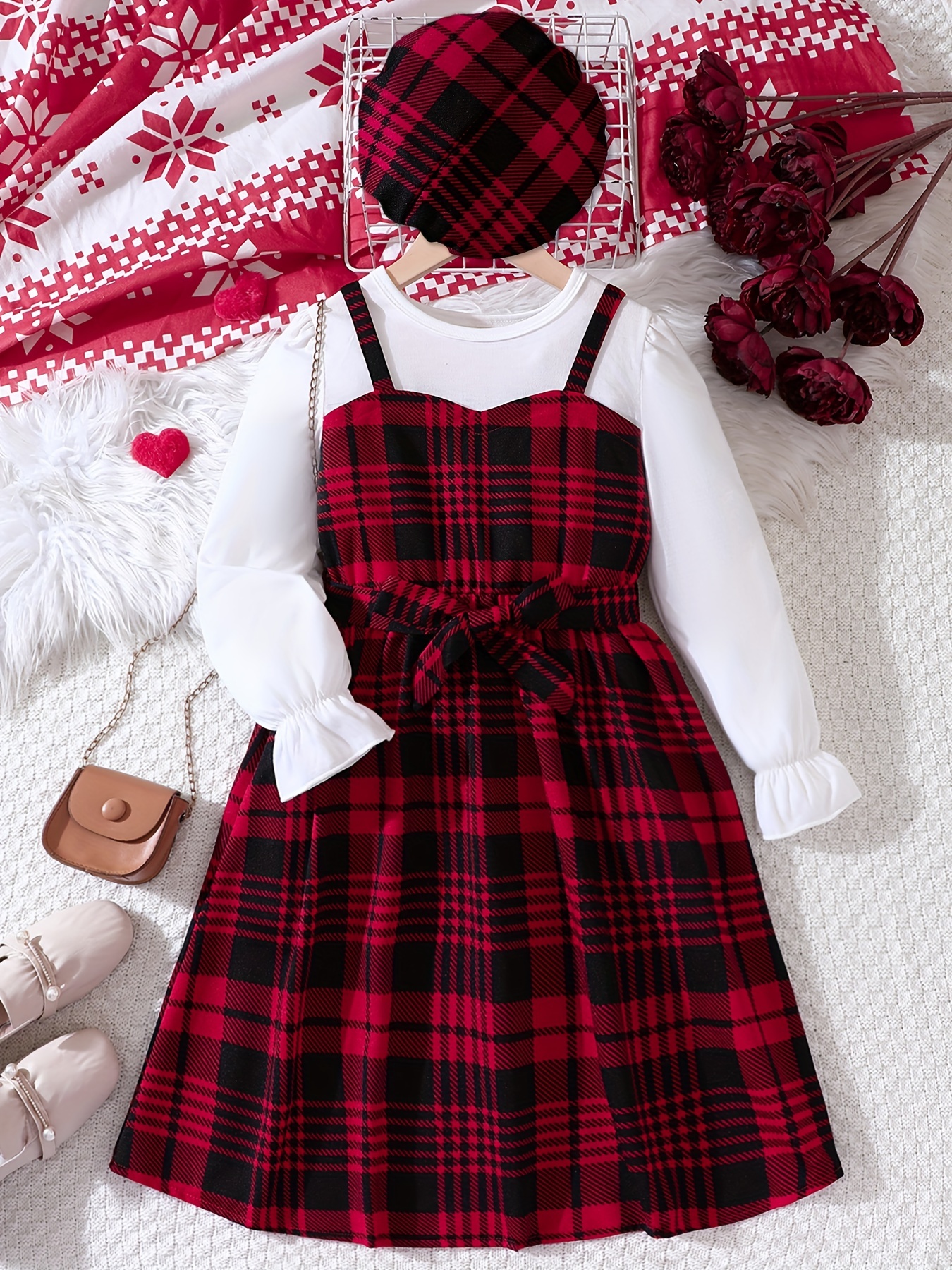 Girls Suspender Preppy Plaid Dress + Hat Set Autumn/ Winter - Temu