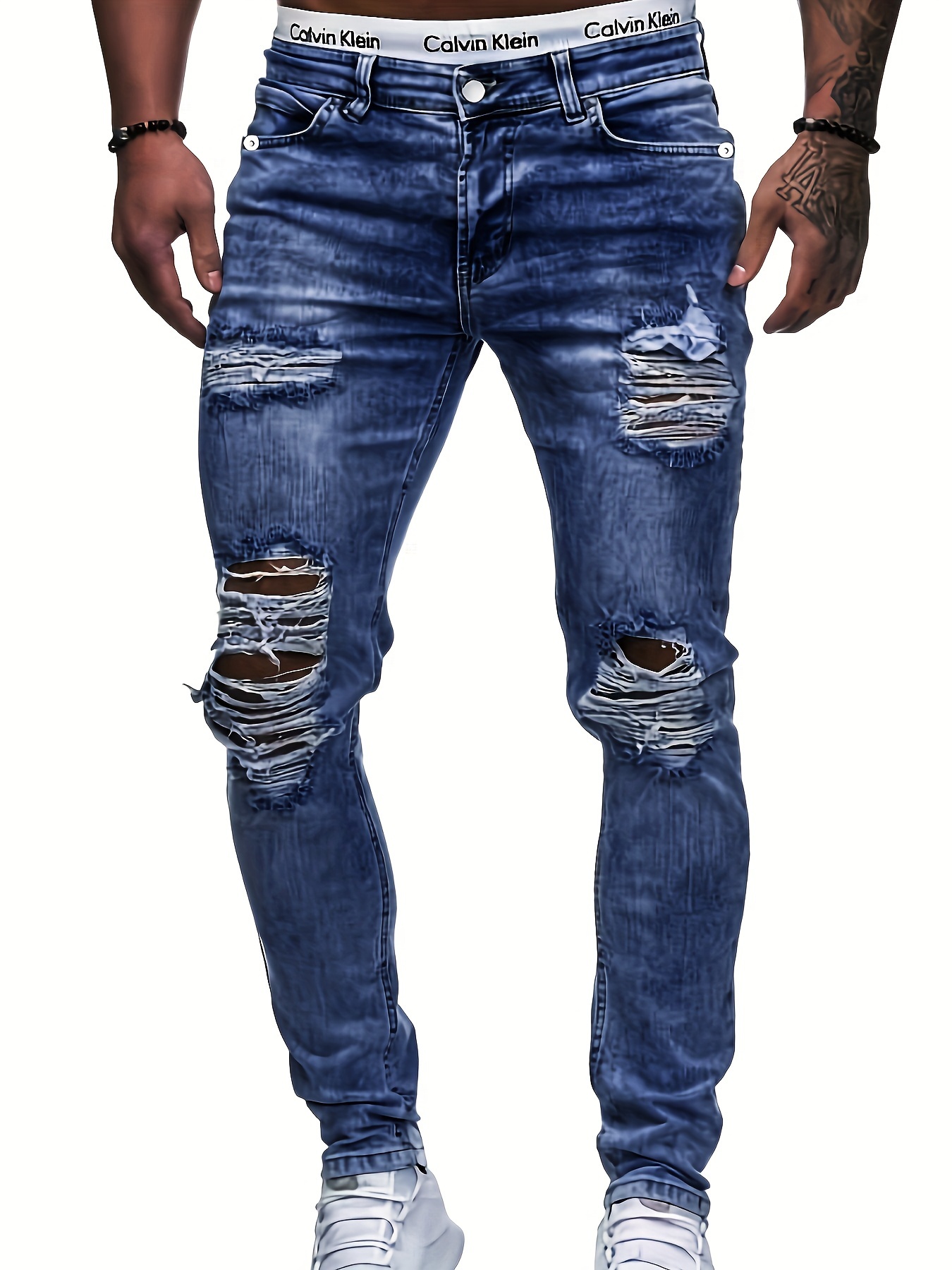Slim Fit Ripped Jeans Men\'s Casual Street Style Distressed - Temu | Stretchjeans