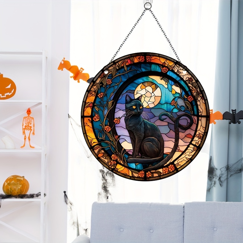 Acrylic Halloween Flower Cat Round Window Pendant