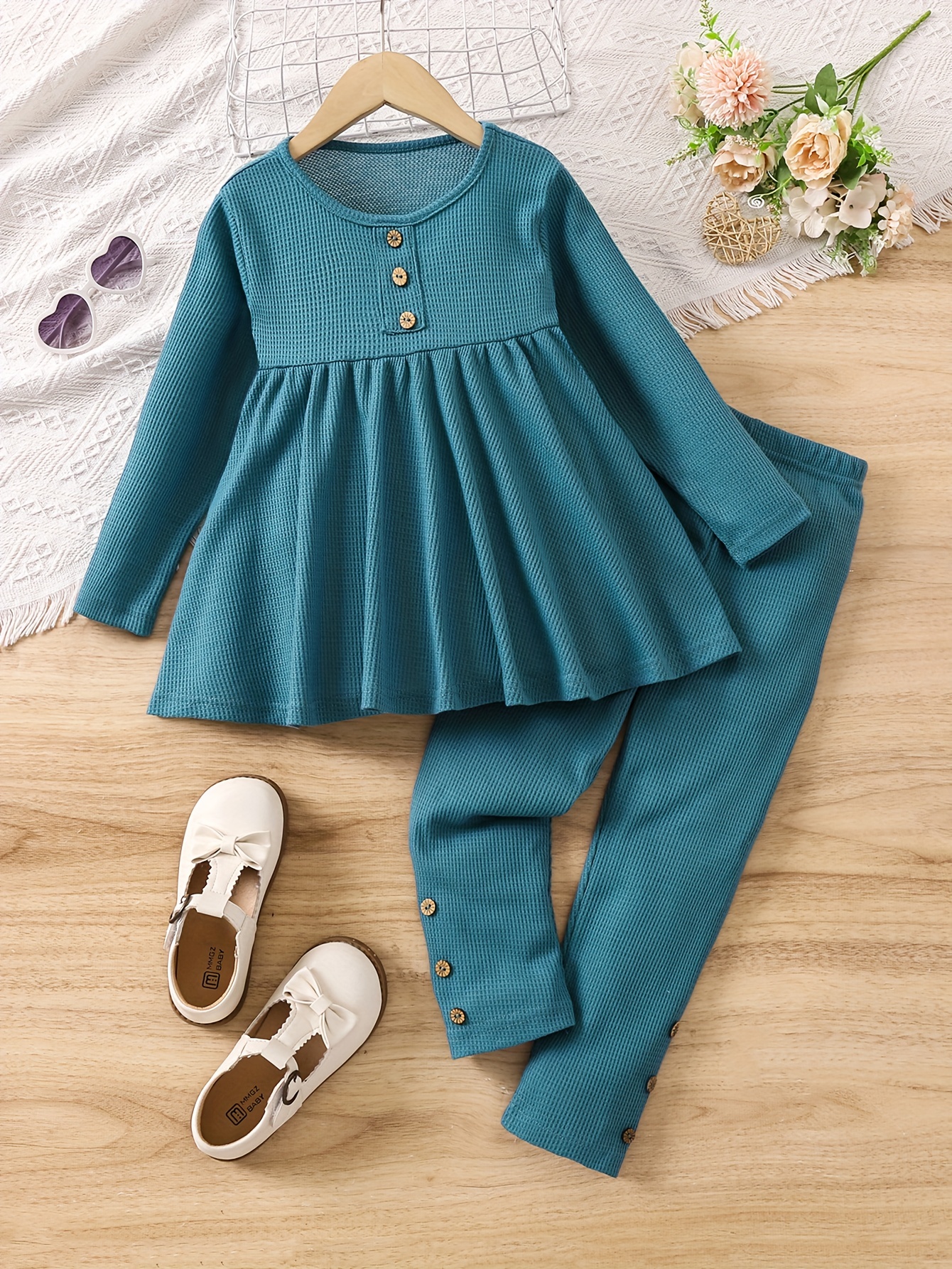 Girls Long-sleeved Belted Shirt + Flared Pants Set Kids Clothes Outfits