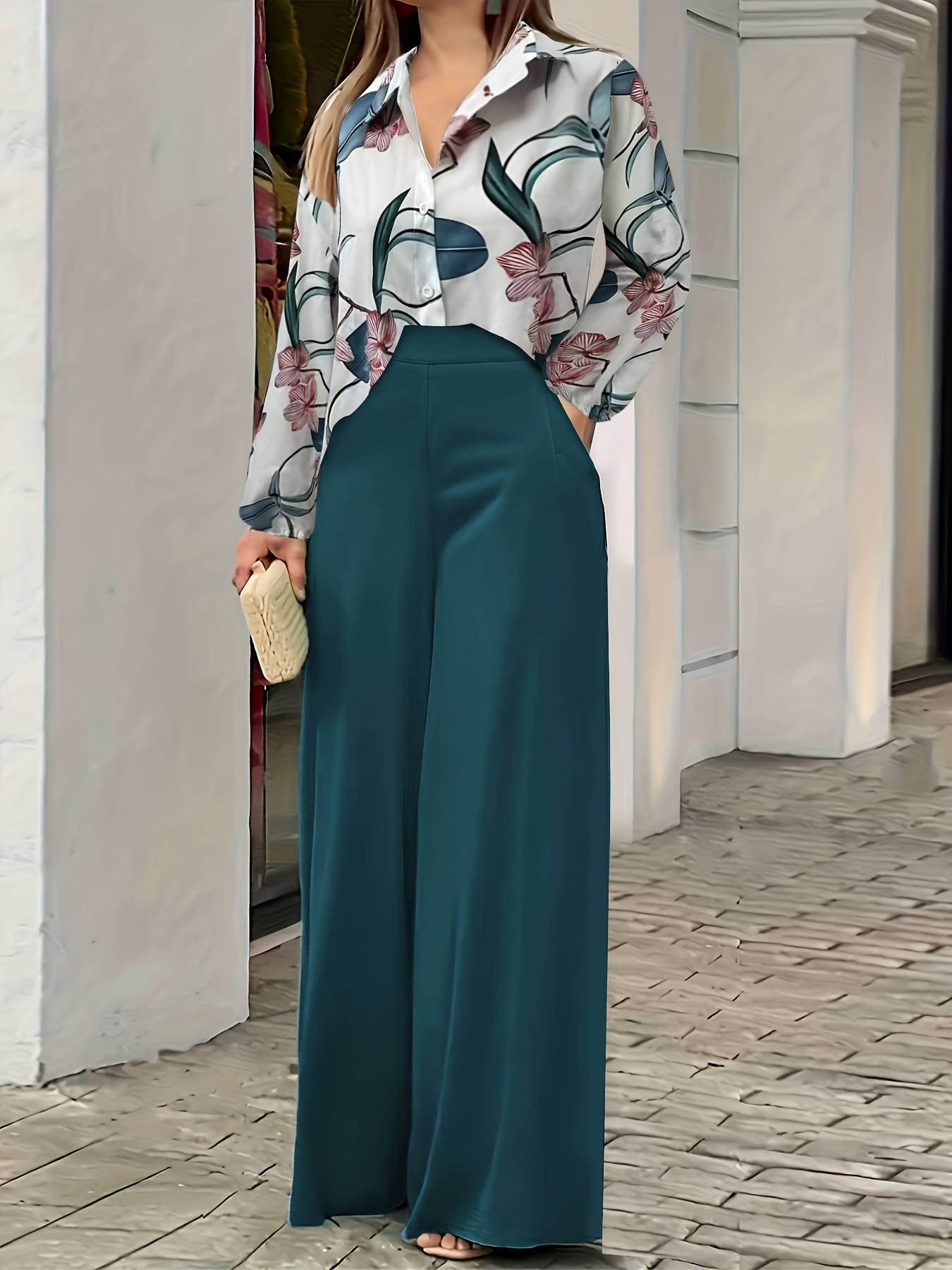 Floral Tunic & Wide Leg Pants Outfit