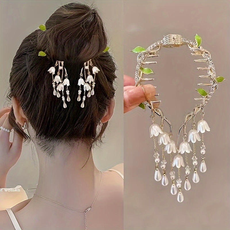

1pcs Elegant Flower Leaf Decor Hair Clip With Tassel, Vintage Hair Bun Holder Clip, Wedding Banquet Hair Styling Accessories For Women