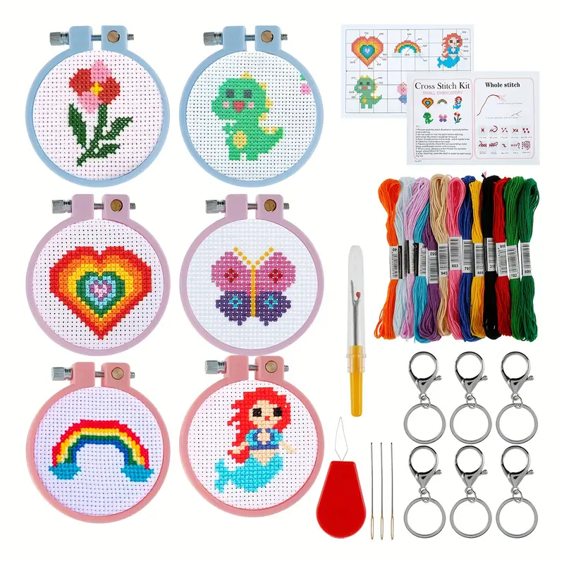 1set Embroidery Beginner Kit, Cute Cross Stitch Key Ring Kit, Portable  Embroidery Starter Kit, Cross Stitch Kits With Embroidery Hoop Needles  Thread R