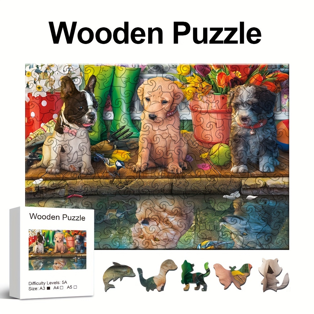 Animal Wooden Puzzles, Dog Reflection Wooden Puzzle Unique Shape