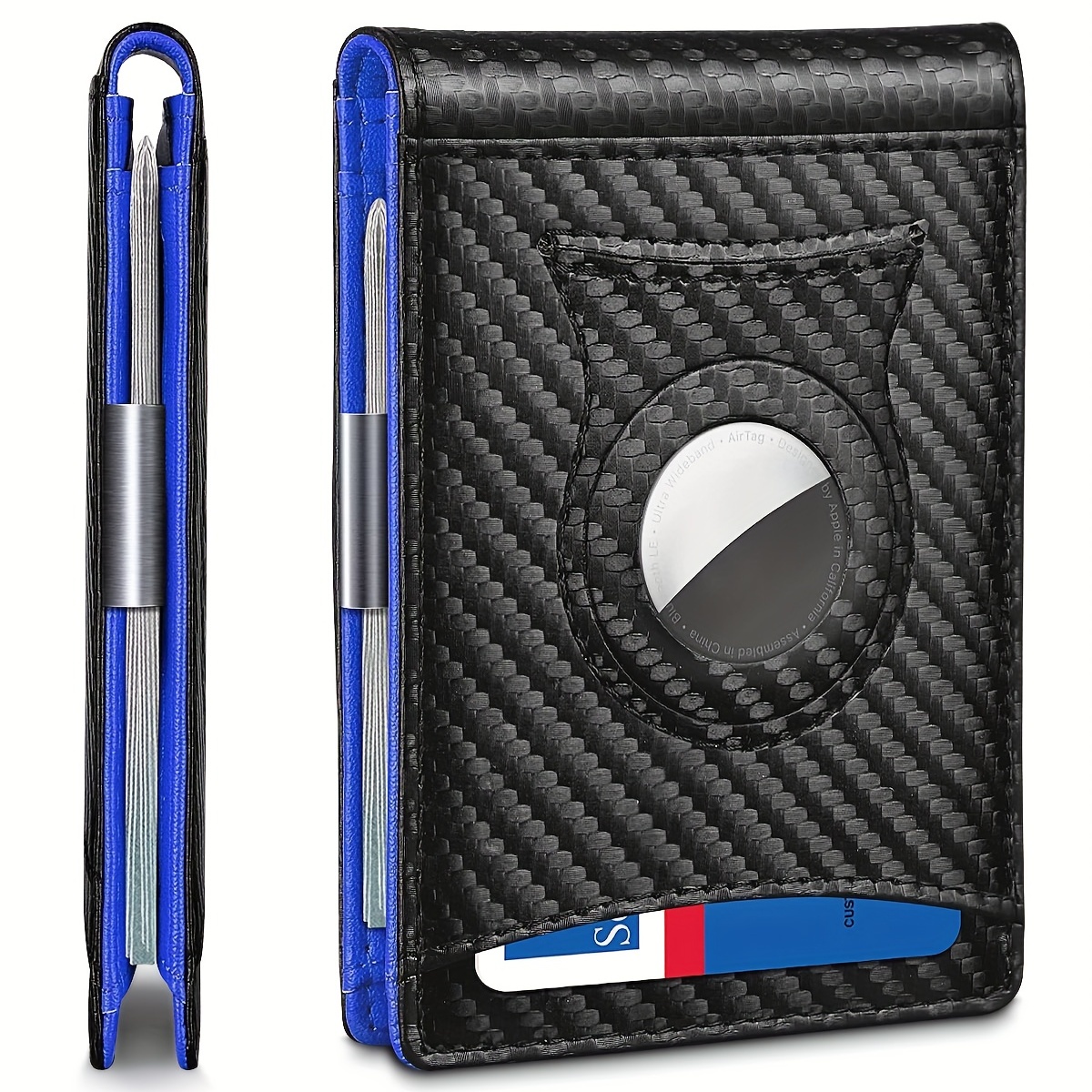 

Portefeuille élégant en microfibre avec motif en fibre de , porte-cartes mince avec blocage RFID et emplacement Airtag pour homme - Noir