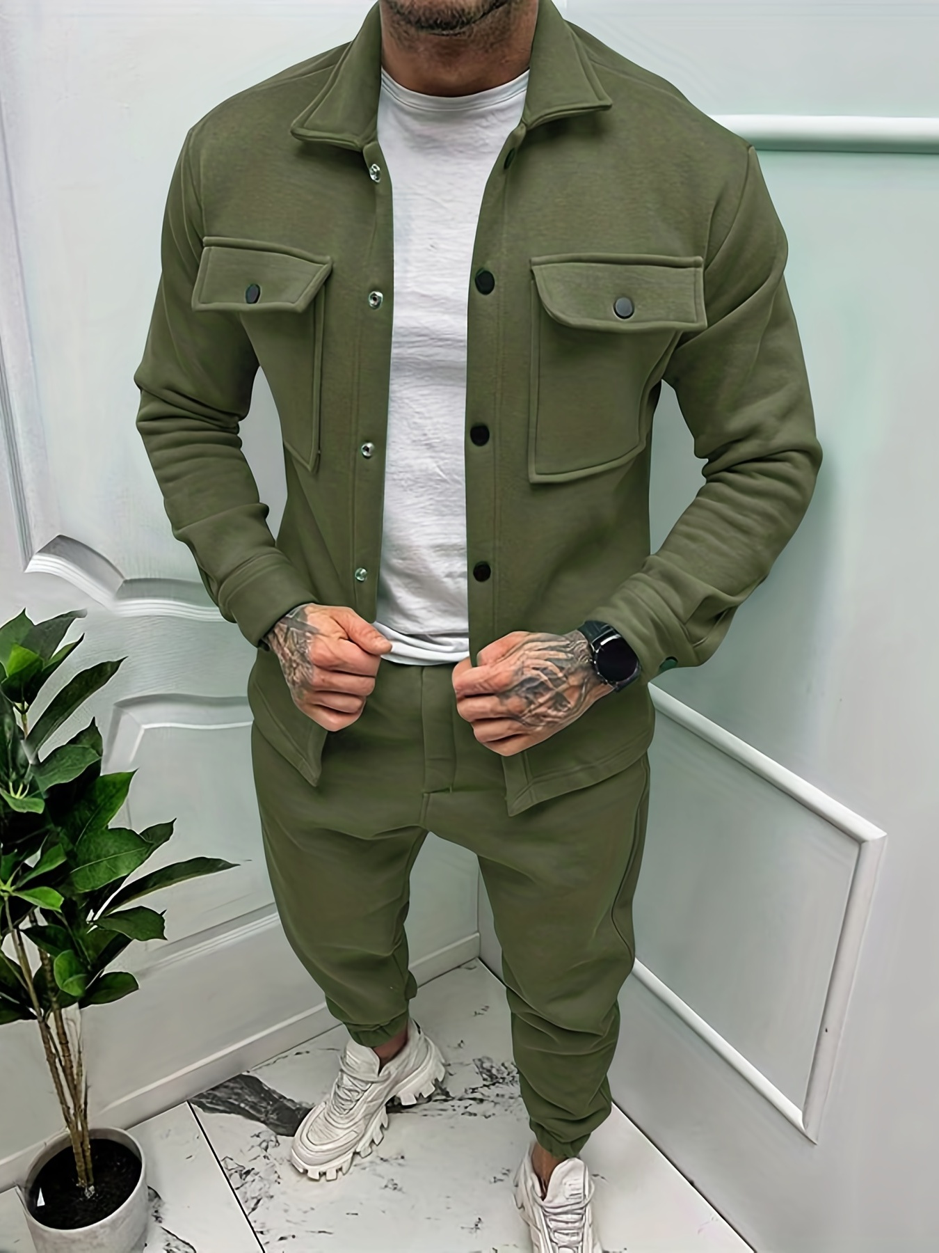 Cotton Blend Men's Trendy Outfit Set Casual Button Jacket - Temu