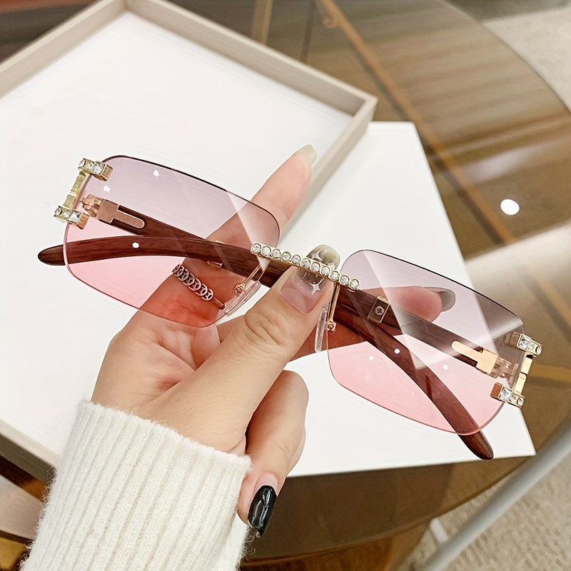 

Rectangle Rimless For Women Shiny Rhinestone Gradient Fashion Sun Shades For Vacation Beach Party Fashion Glasses