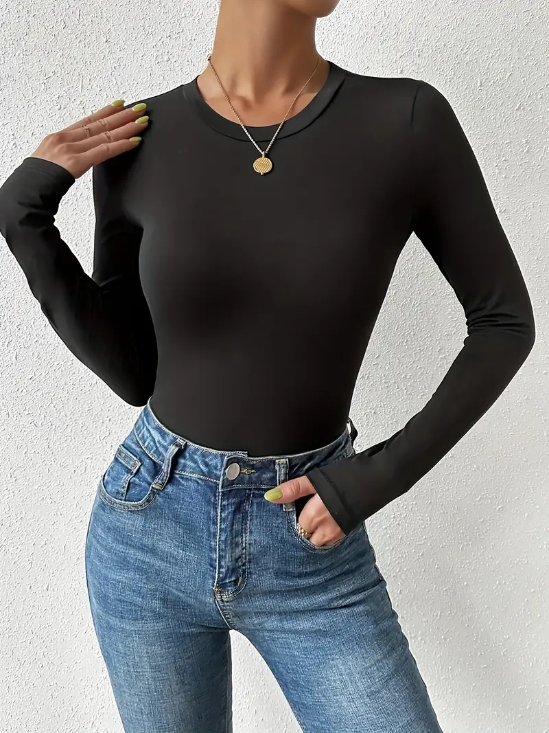 Basic Skinny Stretchy Top, Long Sleeve Crew Neck Solid T-shirts, Casual ...