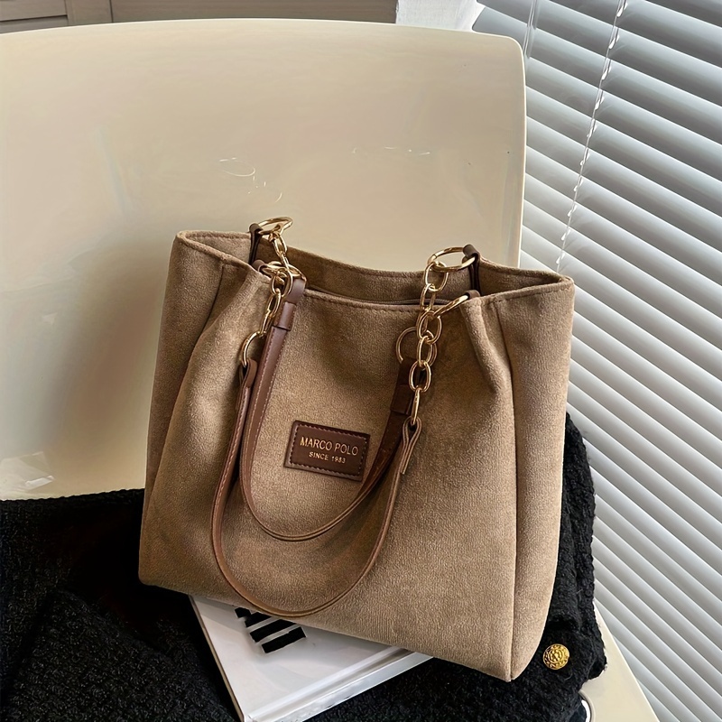 Letter Patch Decor Suede Tote Bag, Vintage Chain Shoulder Bag, Women's Work & School Handbag,Women Purses,Temu