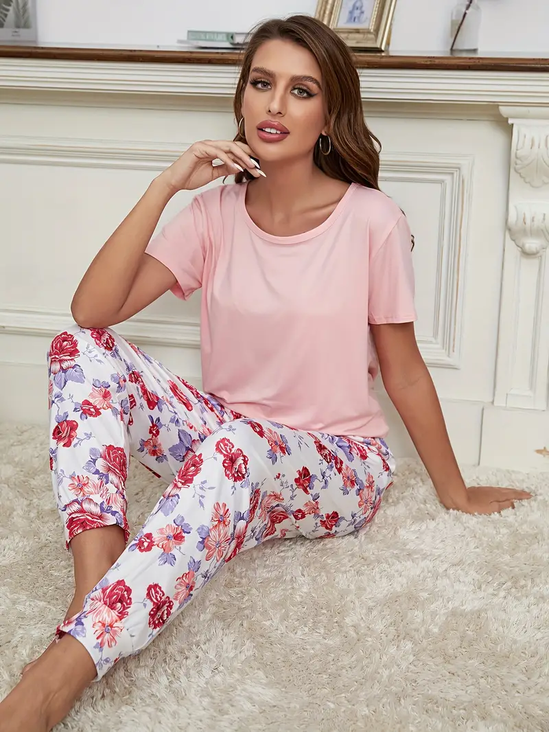 Floral Print Pajamas Set, Short Sleeve Crew Neck Top & Lounge Pants,  Women's Sleepwear & Loungewear