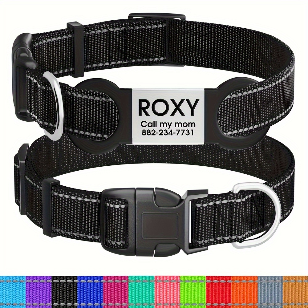 TEMU Adjustable Custom Reflective Nylon Dog Collar With Name Plate - Personalized Pet Id Tag, Closure, Quick Visibility For Safety, Personalized Dog