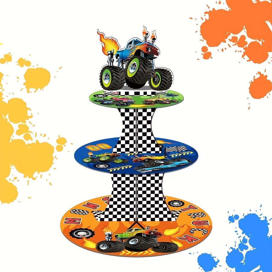 

1pc, Monster Truck Cupcake Stand 3 Tier Monster Truck Party Supplies Cake Stand For Birthday Party Decorations, Cake Tray, Dessert Tray