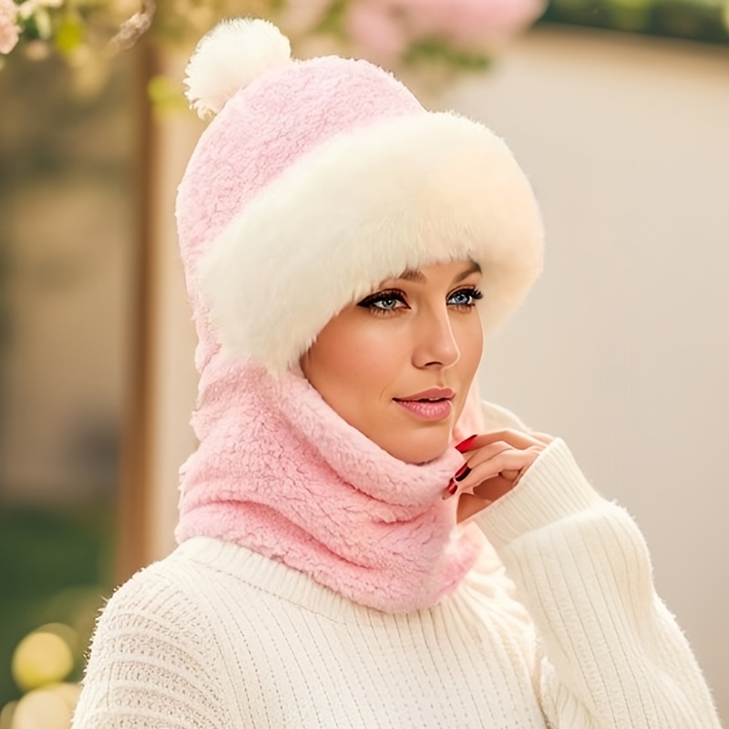 Thick Faux Fur Hooded Scarf Winter Warm Beanie Pom Trendy - Temu