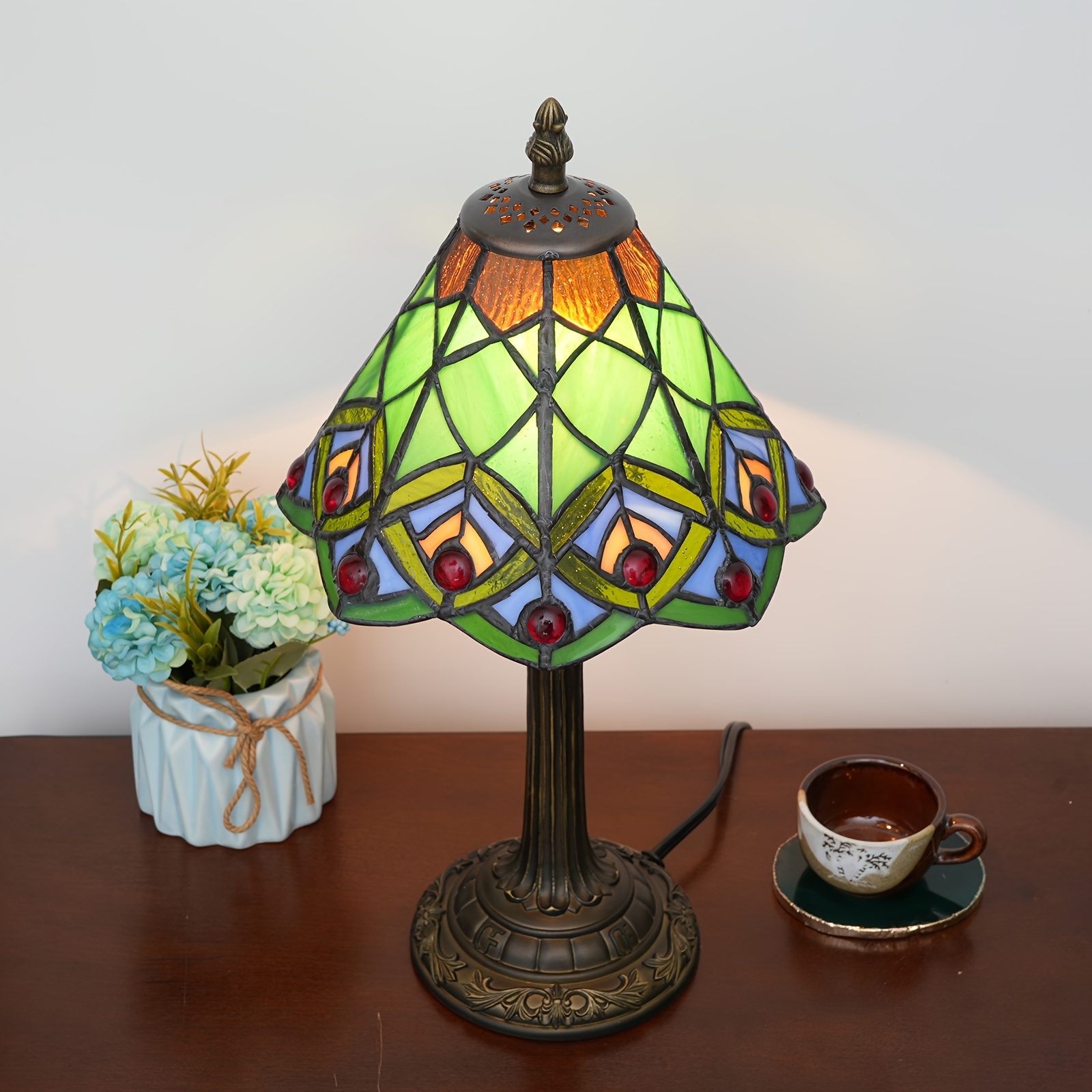 RHLAMPS Lampe banquier Tiffany - Lampe de bureau style feuilles vertes -  Lampe de table en vitrail - 38,1 cm de haut - Lampe piano réglable à  mémoire