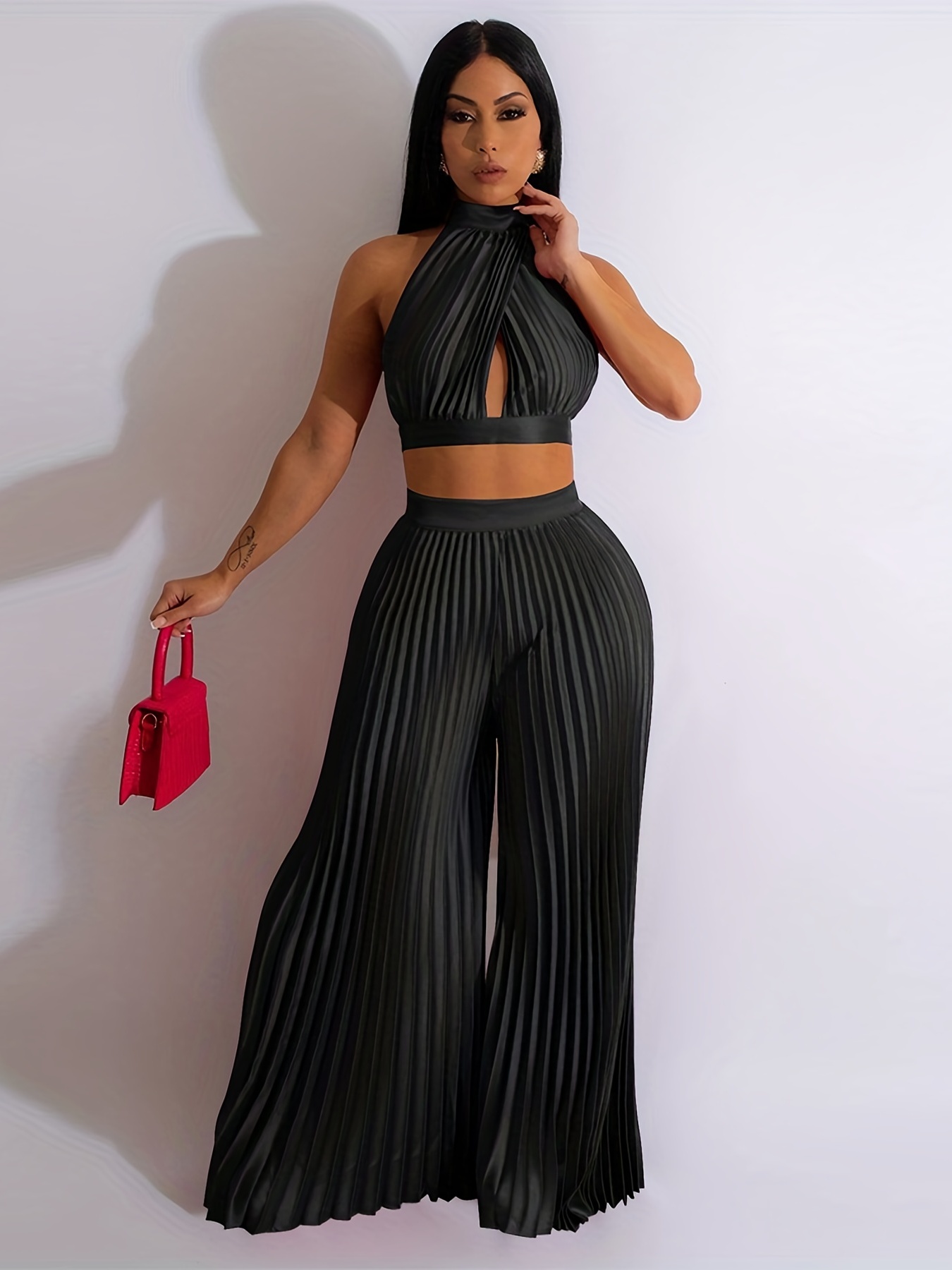 Women Pleated 2 Piece Pants Outfits Casual Loose Button Shirt Blouse Top  Long Wide Leg Palazzo Pants Set Jumpsuit, Black, Small : :  Clothing, Shoes & Accessories